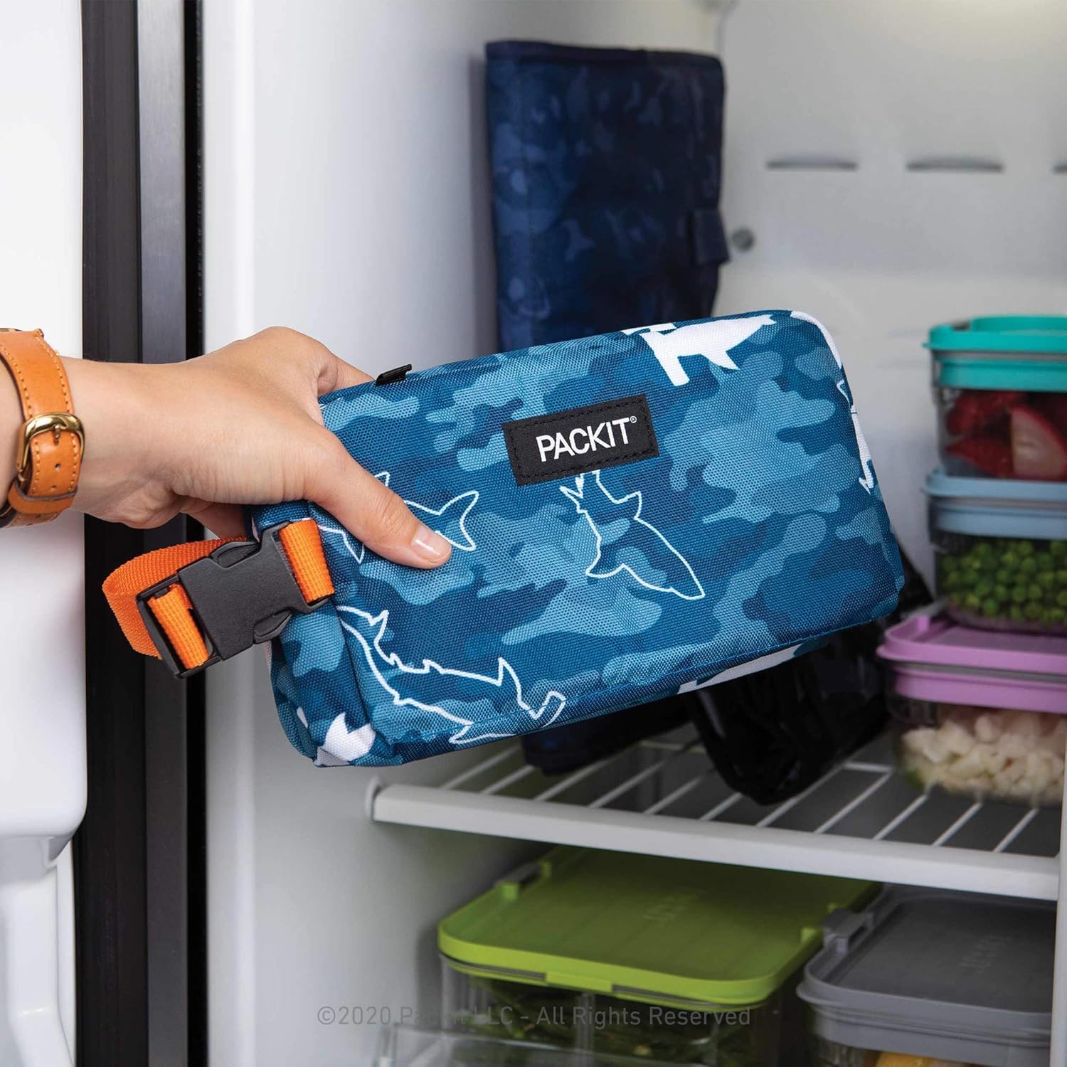 PackIt Freezable Snack Box with EcoFreeze Technology - Reusable Collapsible Lunch Bag with Zip Closure & Buckle Handle - Camo Shark Design - Perfect for School, Work, Travel & Outdoor Activities