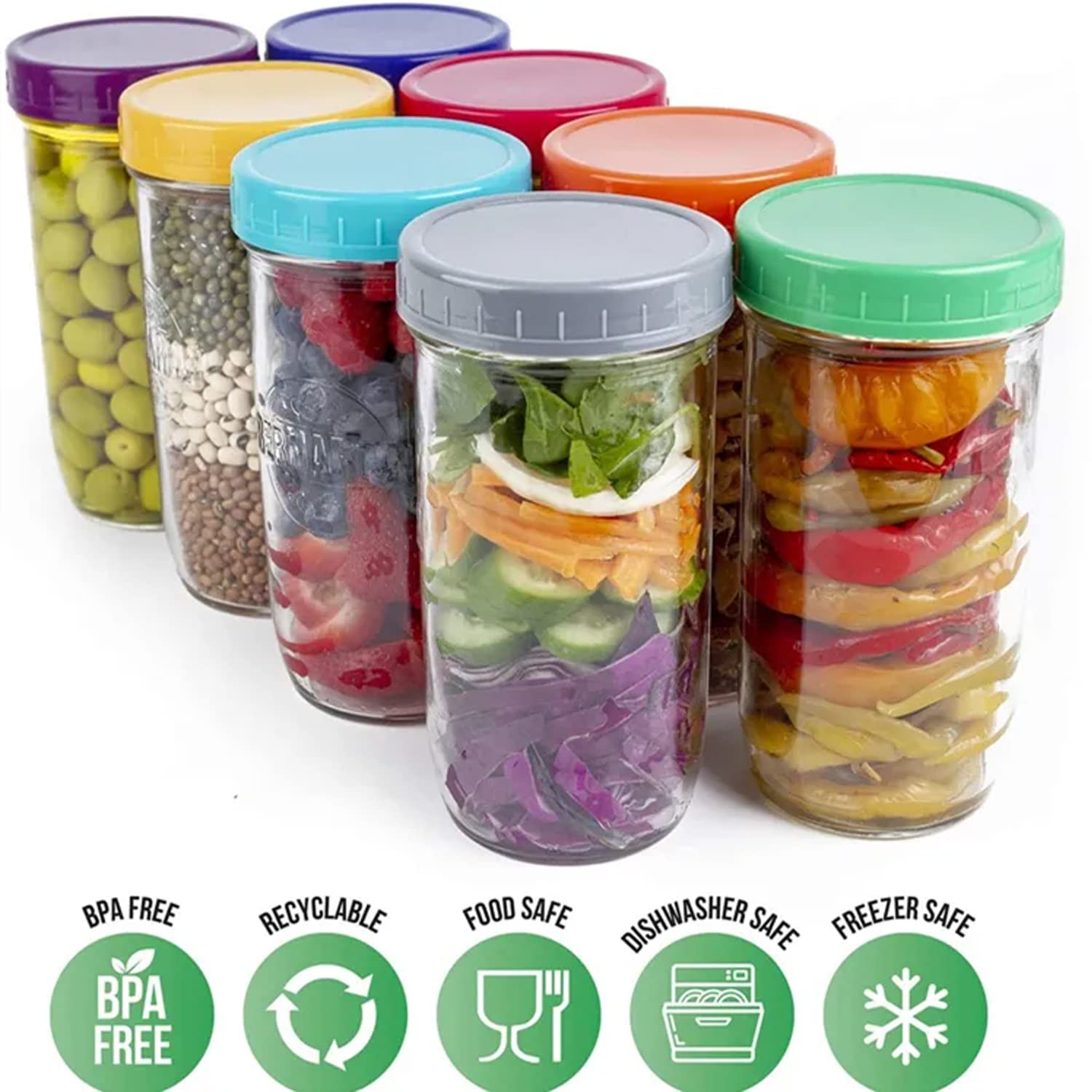 Vibrant Colored Plastic Mason Jar Lids - Airtight & Spill-Proof - Compatible with Ball, Kerr & Most Standard Jars (2.75in) - Pack of 16 - Perfect for Canning, Food Storage, DIY Crafts & Home Organization