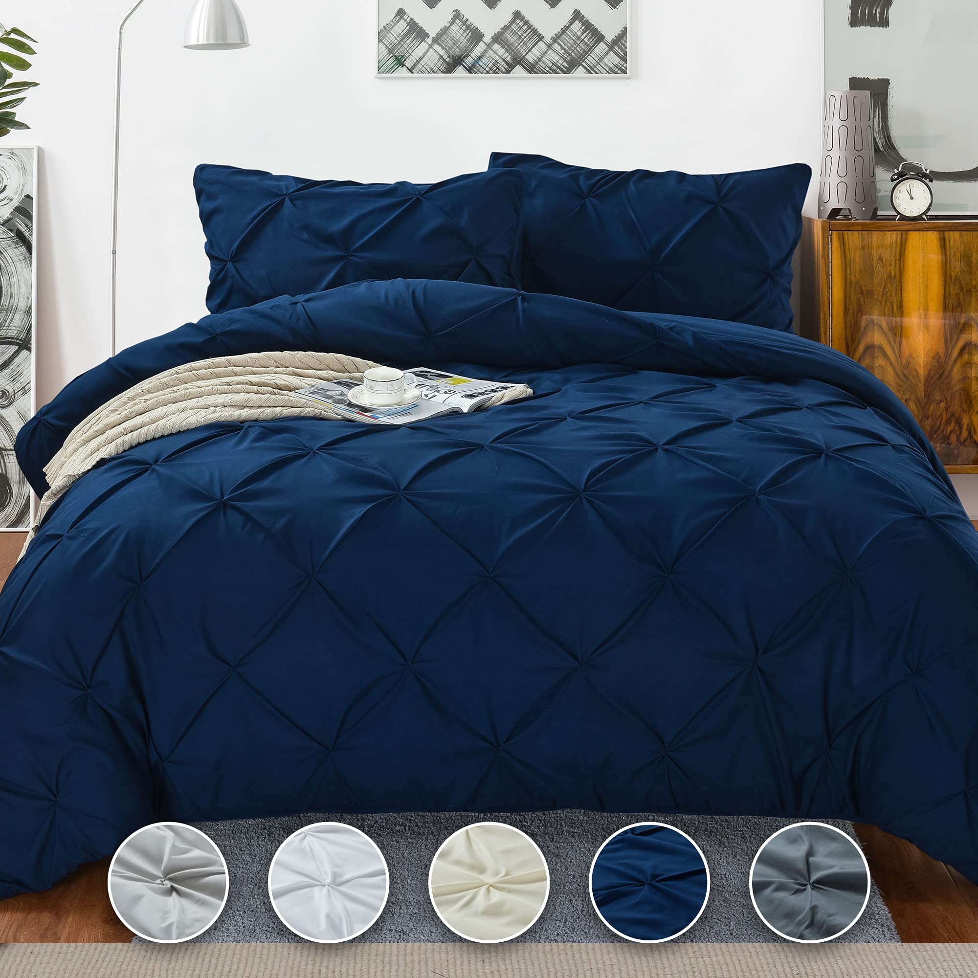 Tyfitb Twin Size Pinch Pleat Duvet Cover Set - 2 Piece Hypoallergenic Microfiber Wrinkle-Free Bedding - Oversized 68x90 Comforter Cover with Hidden Zipper - Dark Blue Luxury Bedding Set for Modern Bedrooms - Perfect for Guest Rooms, Dorms & Cozy Home Decor