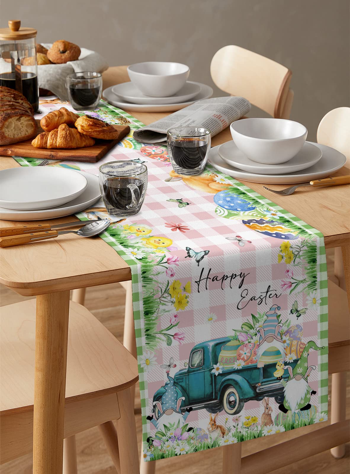 Easter Gnome Table Runner 90 Inches Long - Blue Truck Easter Bunny with Pink Green Plaid Farmhouse Decor for Dining Table, Coffee Table, Dresser - Perfect for Holiday Parties, Weddings & Spring Celebrations