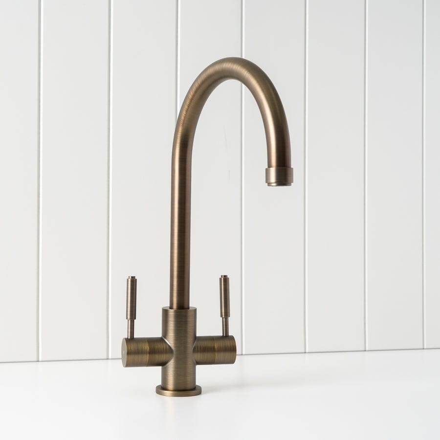 Antique Brass Melbourne Twin Tap Kitchen Mixer - Vintage Style Two Handle Sink Faucet for Farmhouse & Modern Kitchens