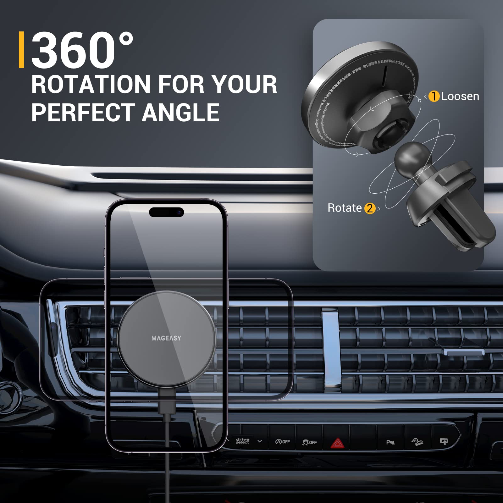MAGEASY Premium Magnetic Wireless Car Charger - Fast Charging MagSafe Car Mount for iPhone 15/14/13 & Qi-Compatible Phones | Secure Phone Holder for Driving, Commuting & Road Trips