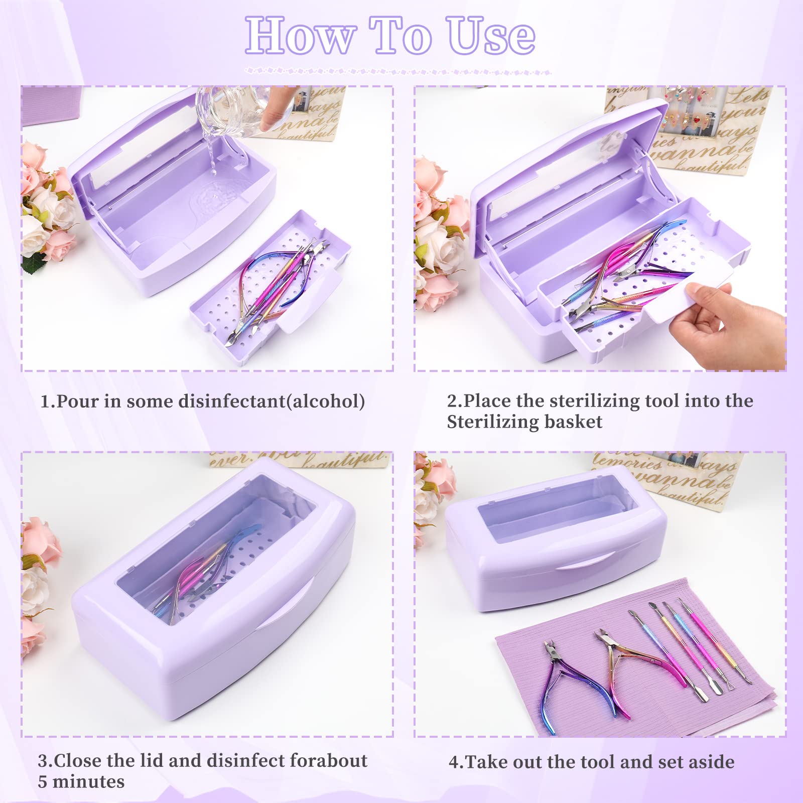 UV Nail Tool Sterilizer Box - Professional Plastic Sterilization Tray for Nail Salon, Spa & Beauty Equipment - Sanitizing Storage Organizer for Manicure Tools, Tweezers & Eyelash Extensions (Purple) - Perfect for Salon Hygiene & Home Nail Care