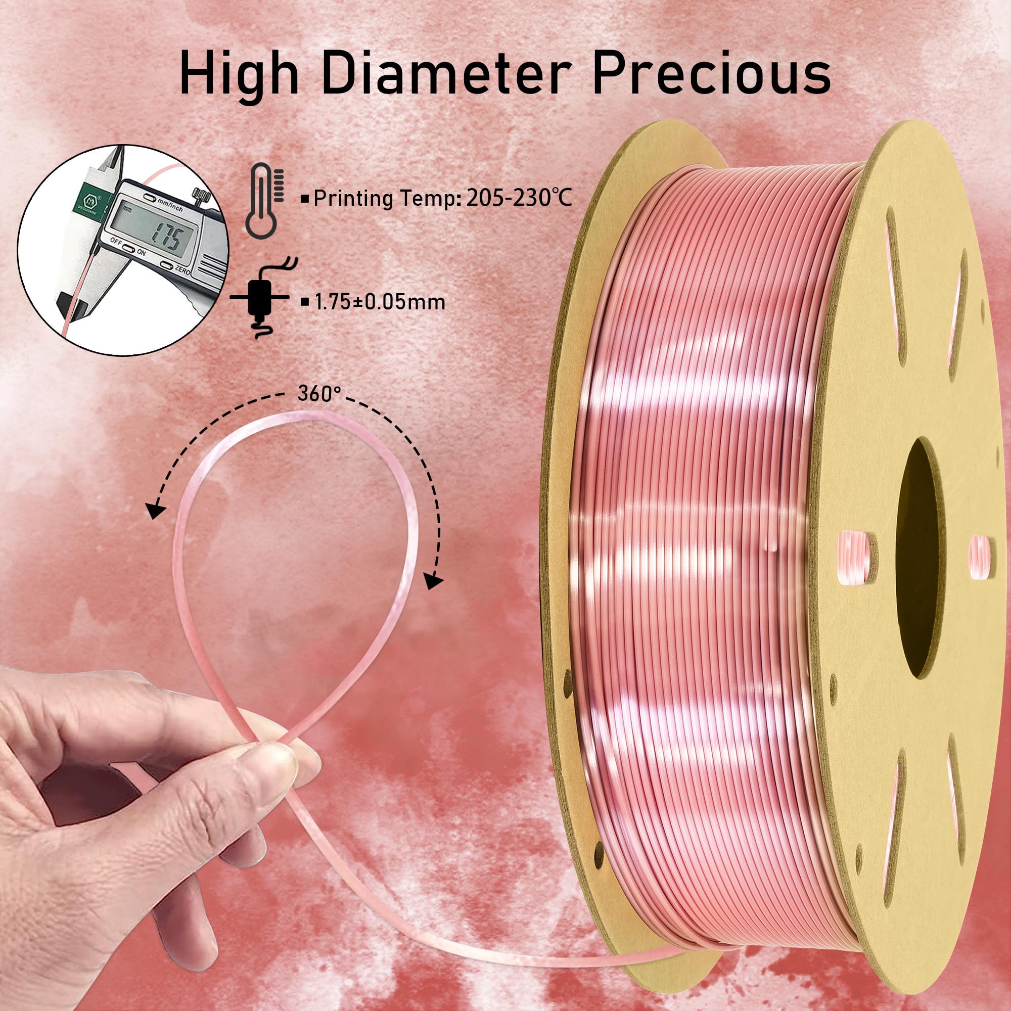 Premium Silk Rose Gold Pink PLA 3D Printing Filament - 1.75mm Shiny PLA Filament for 3D Printers & Pens (1kg/2.2lbs) - Ideal for Cosplay Props, Home Decor & DIY Craft Projects