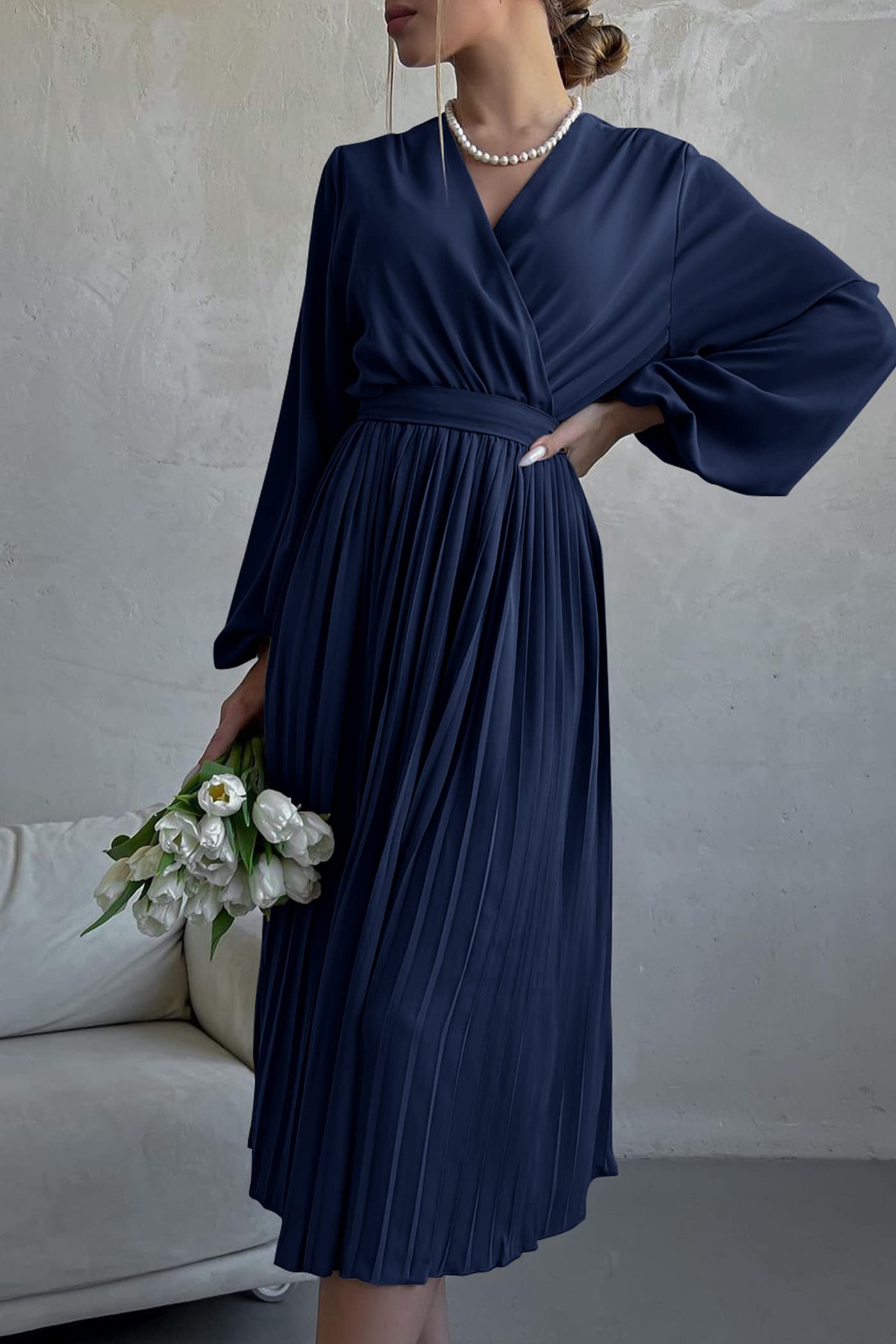 PRETTYGARDEN Women's Flowy Wrap Dress with Puff Sleeves - V-Neck Midi Dress with Ruffle & Pleated Details for Spring/Summer/Fall - Perfect for Casual Outings, Date Nights & Office Wear
