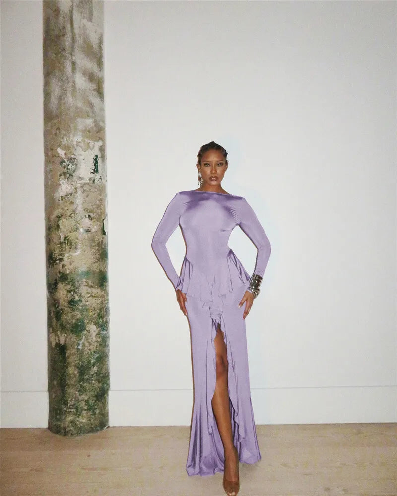 Sexy Backless Ruffled Maxi Dress for Women - Elegant O-Neck Long Sleeve Evening Gown with Thigh High Split | Perfect for Prom, Wedding Guest & Cocktail Parties