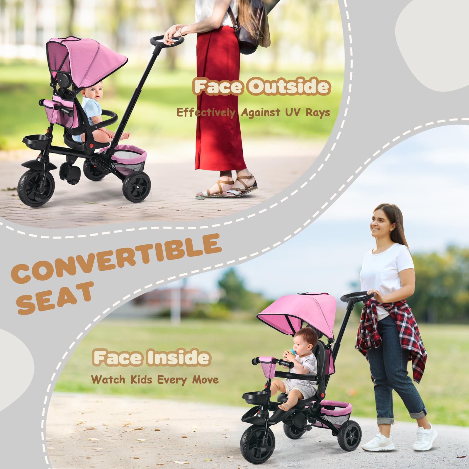 8-in-1 Foldable Kids Tricycle with Removable Canopy & Parent Push Handle - 360° Swivel Seat, EVA Wheels & Storage Basket - Pink Toddler Bike Stroller for Boys Girls Ages 1-5 Years - Perfect for Park Rides, Neighborhood Walks & Outdoor Family Adventures