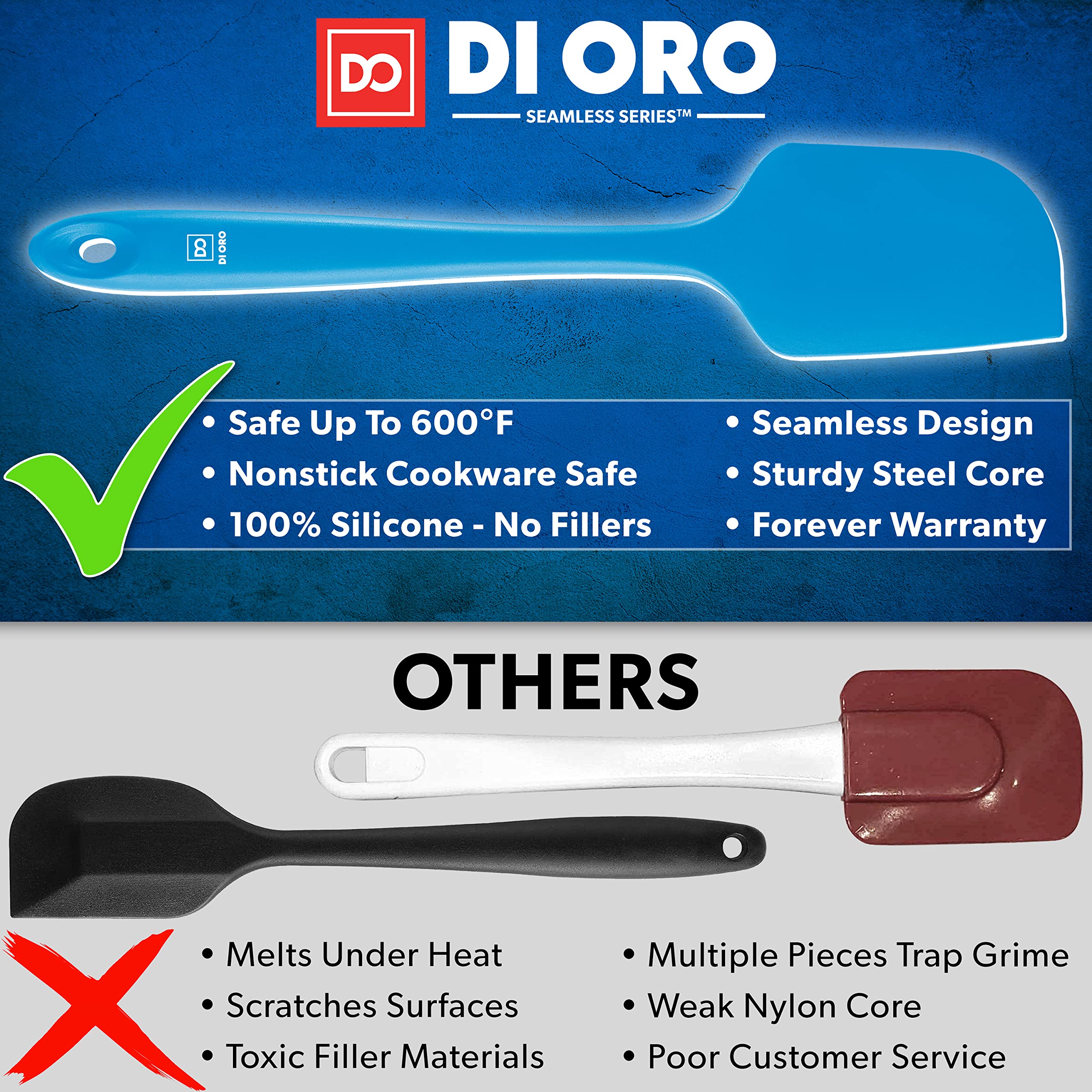 DI ORO Premium Silicone Spatula Set - 3-Piece Heat-Resistant (600°F) BPA-Free Kitchen Spatulas for Baking, Cooking & Mixing - Safe for Nonstick Cookware & Dishwasher - Perfect for Cakes, Cookies, Pancakes & More (Blue)