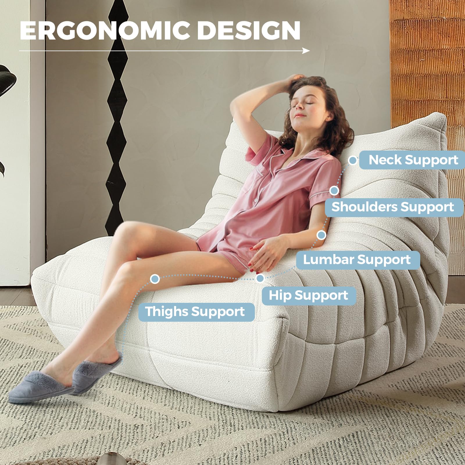 Ergonomic Togo Sofa Bean Bag Chair for Adults - High-Density Foam Floor Couch with Beige Short Teddy Fabric, Fireside Chair for Living Room, Bedroom & Salon | Perfect for Relaxing, Lounging & Movie Nights