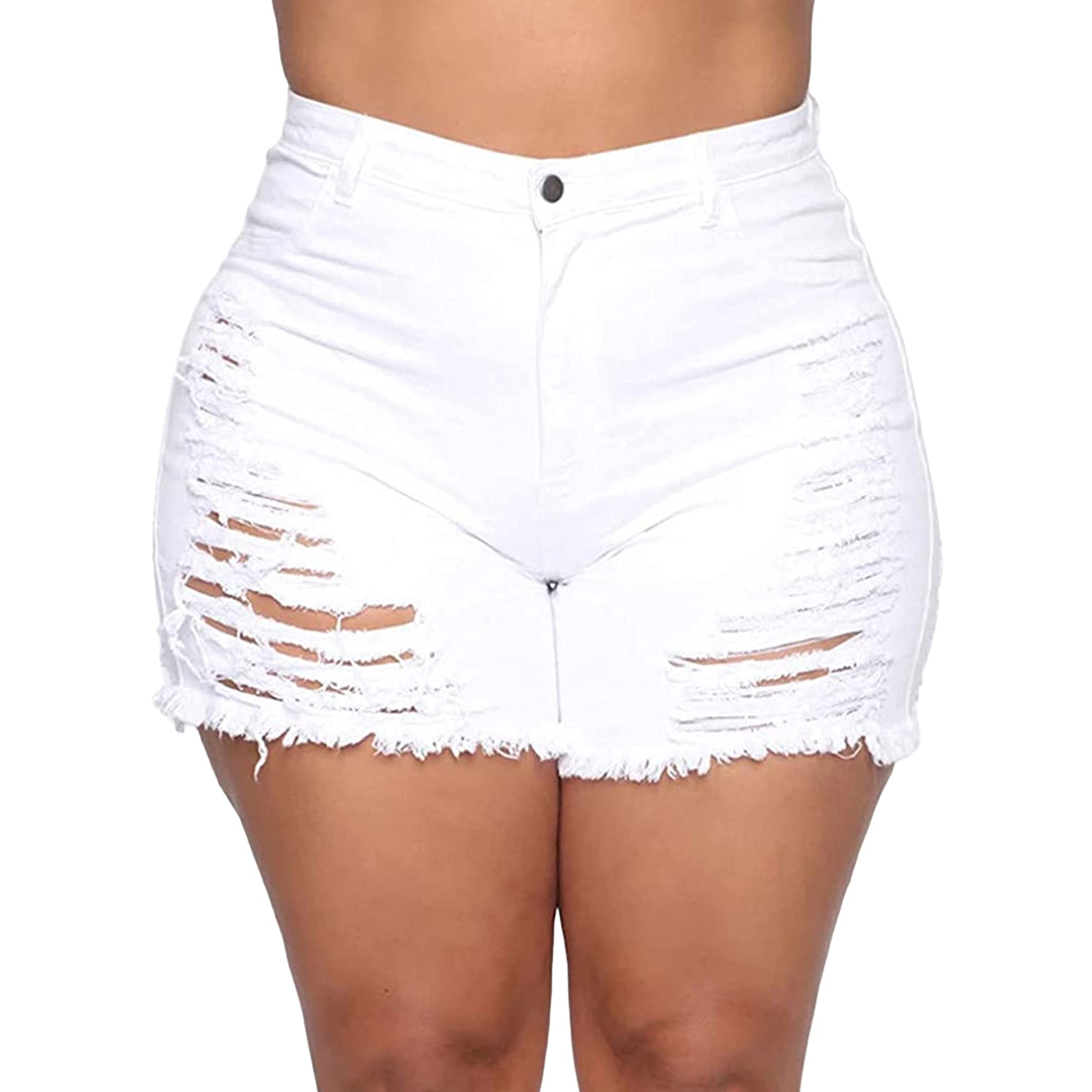 Women's High Waist Ripped Denim Shorts - Stretchy Distressed Jeans with Frayed Hem & Tassel Details (White, 5XL) | Perfect for Summer Outfits, Beach Vacations & Casual Street Style
