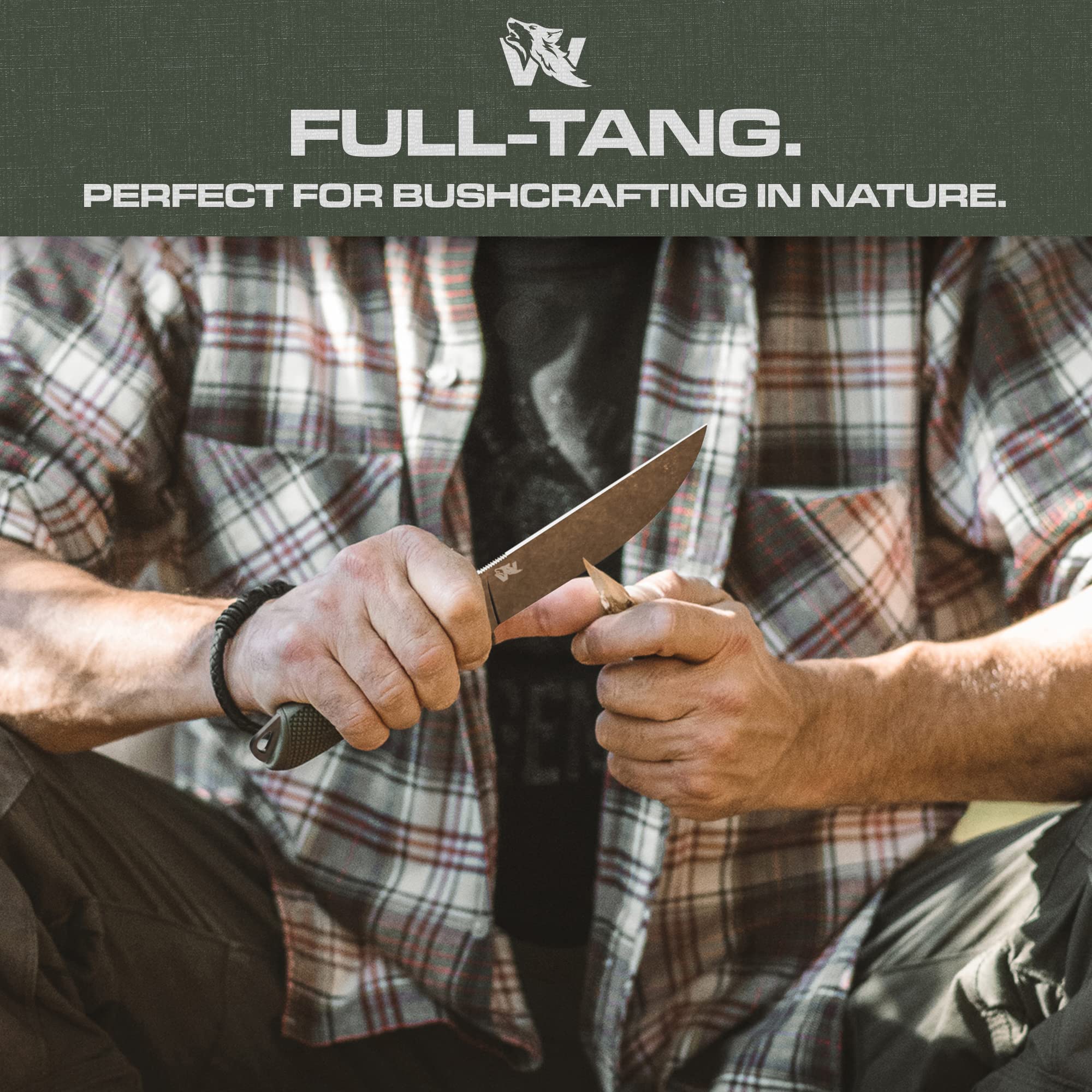 W-FLAT Full Tang Survival Knife with Sheath - D2 Steel Tactical Fixed Blade - Bushcraft, Camping & Hunting Knife - TPE Handle for Secure Grip - Perfect for Outdoor Adventures, Wilderness Survival & Everyday Carry (EDC)