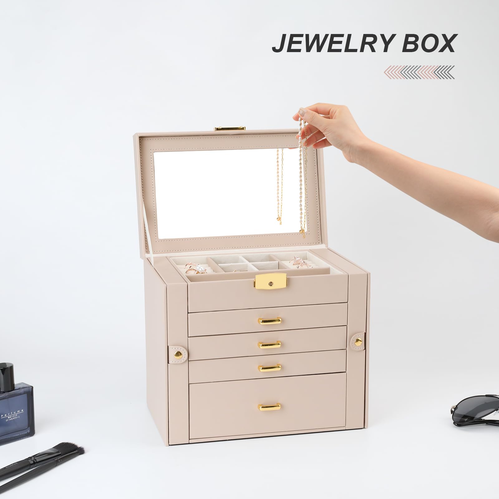 5-Layer Jewelry Organizer Box for Women - Large Jewelry Storage Case with Mirror, Perfect Jewelry Gift for Valentine's Day, Christmas, Birthday - Elegant Apricot Design for Dresser, Vanity & Travel Use