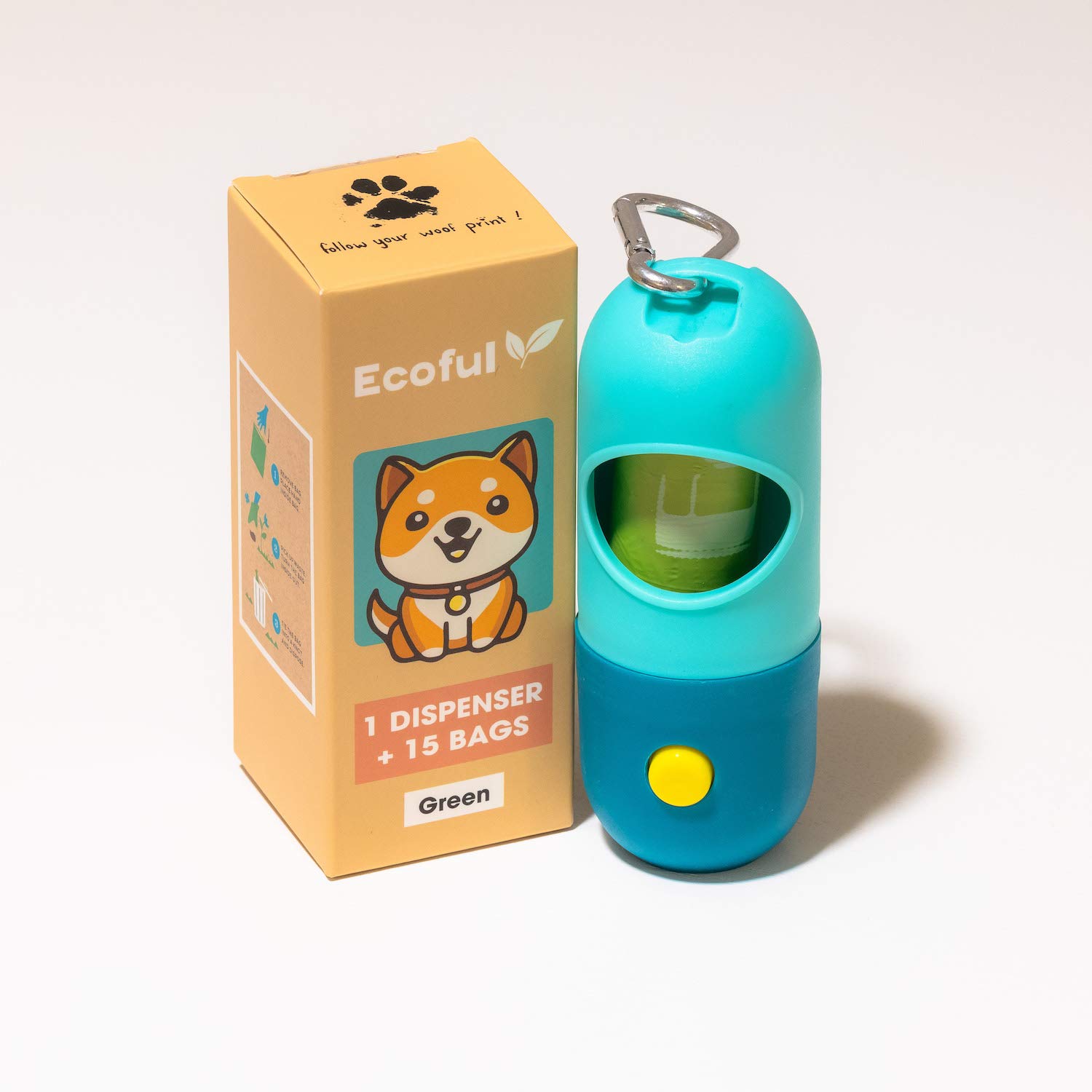 Eco-Friendly Dog Poop Bag Dispenser with LED Flashlight - Includes 1 Roll Biodegradable Waste Bags - Leash Attachment with Metal Carabiner - Hands-Free Dog Waste Bag Holder for Nighttime Dog Walking - Perfect for Evening Park Visits and Late-Night Pet Potty Breaks