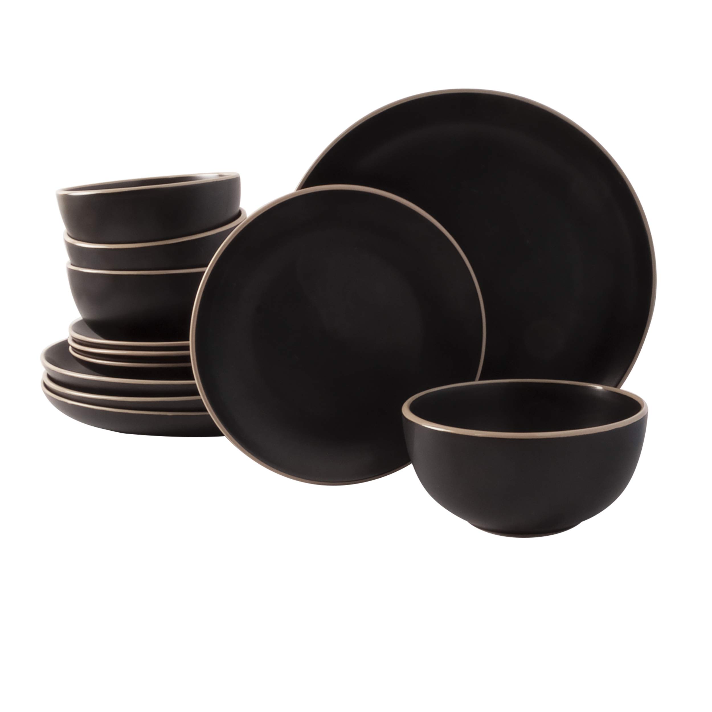 Premium Gibson Home Rockaway 12-Piece Round Stoneware Dinnerware Set for 4 - Durable Black Ceramic Plates, Bowls & Mugs - Elegant Tableware for Everyday Dining, Family Gatherings & Dinner Parties