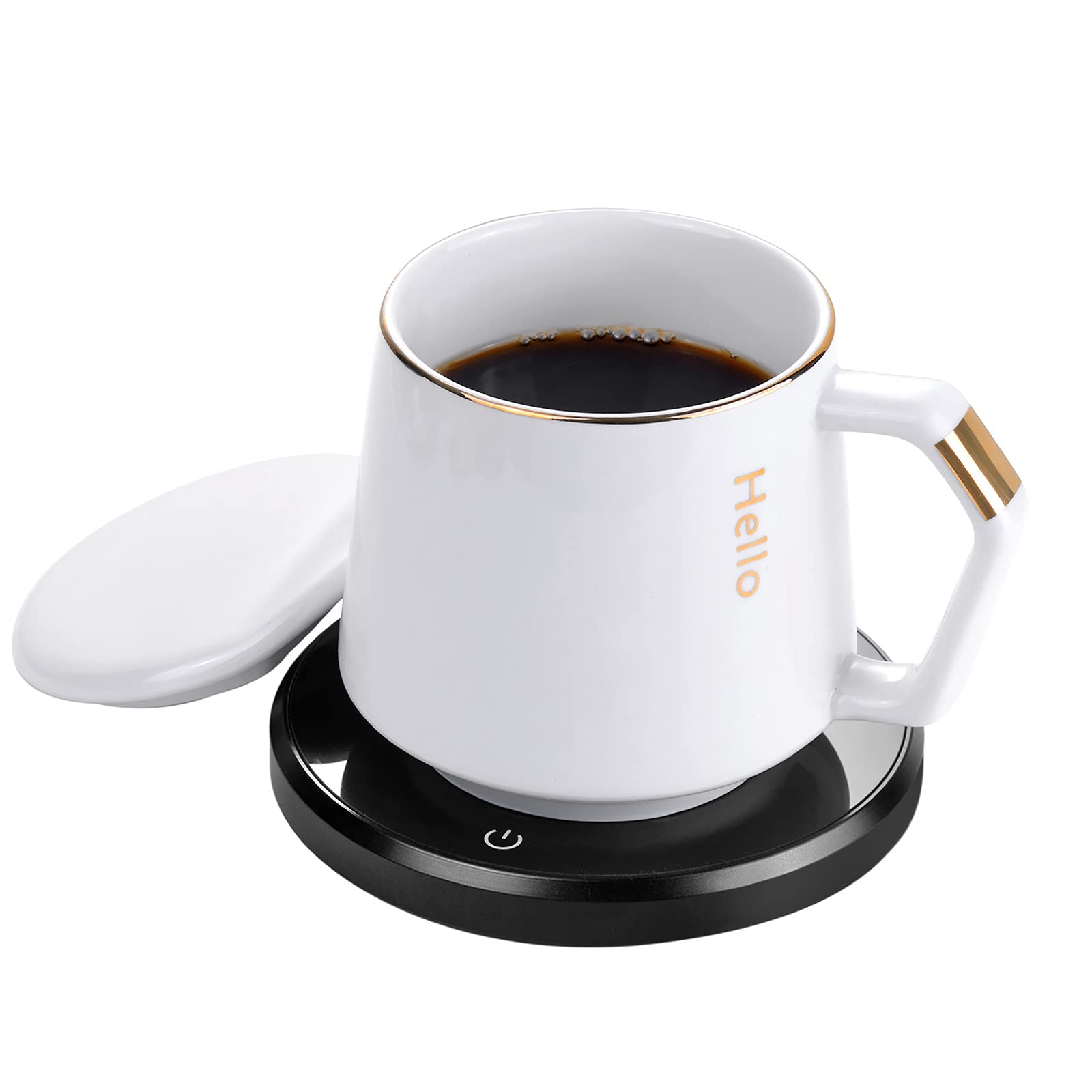 KRGMNHR Smart Coffee Mug Warmer with Auto Shut Off - 15oz Ceramic Mug Set for Home & Office - Pressure-Activated Technology - Perfect for Desk Use, Gift Ideas & Coffee Lovers (Black, Upgrade)