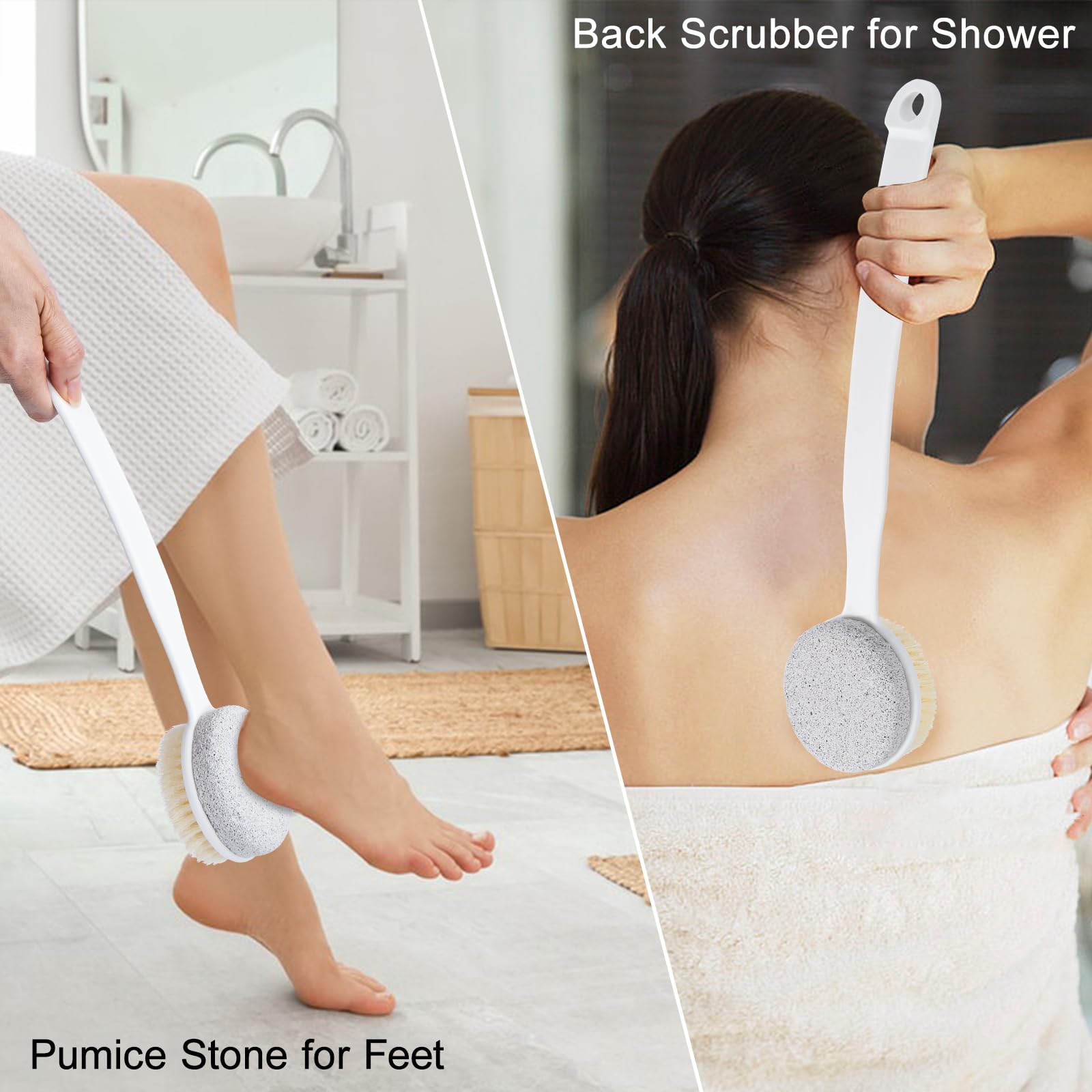 2 Pack Pumice Stone and Long Handle Shower Brush - Hard Skin Callus Remover & 2-in-1 Foot Scrubber | Back Scrubber for Deep Cleansing & Exfoliating | Dry Brushing Body Brush with Curved Design - Perfect for Shower, Pedicure & Home Spa Care