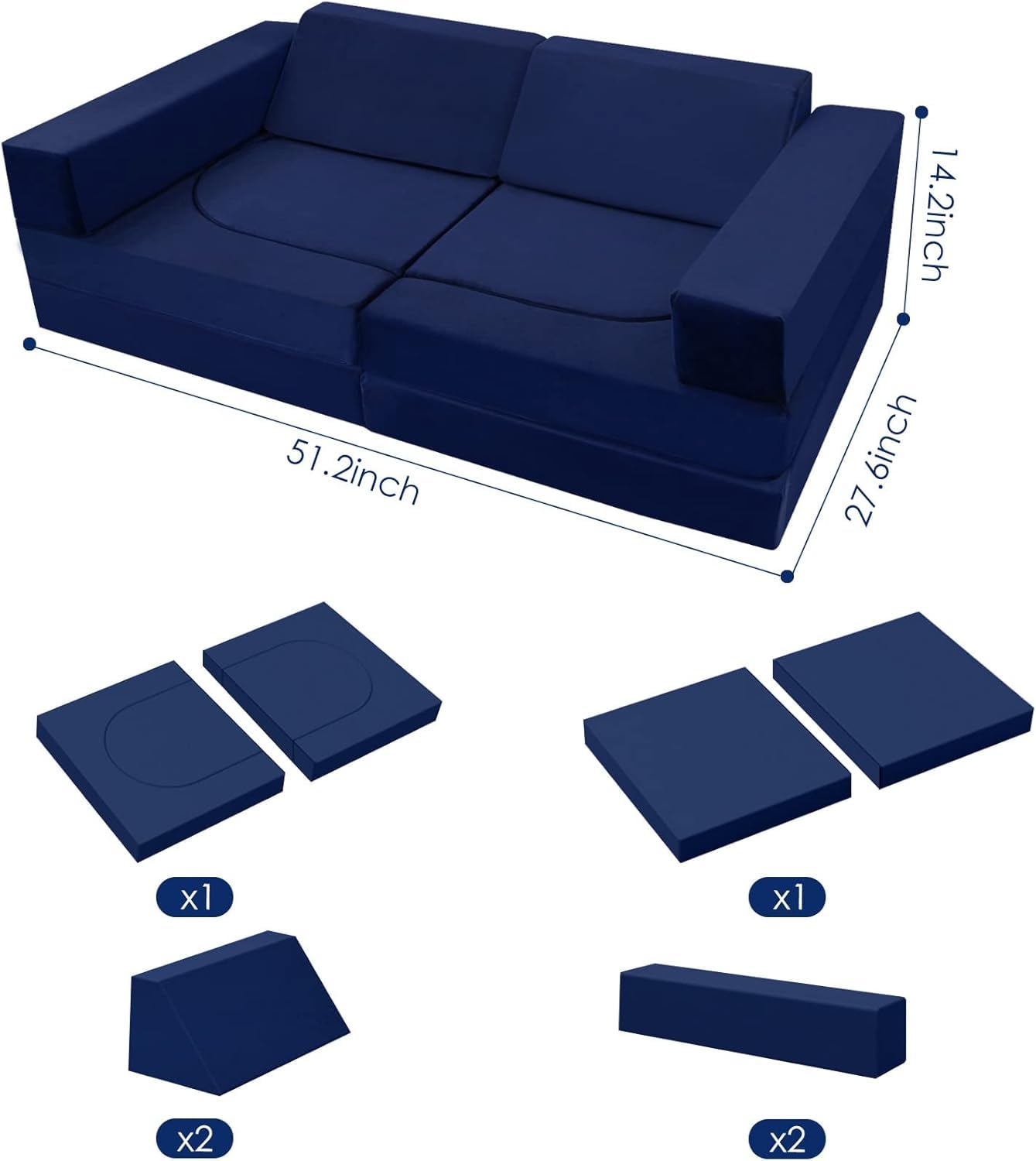 MeMoreCool Modular Kids Play Couch - 10 Piece Foam Lounge Sofa Set for Playroom & Toddler Bed | Navy Blue Block Couch for Boys & Girls | Perfect for Playrooms, Daycare Centers & Kids Bedrooms