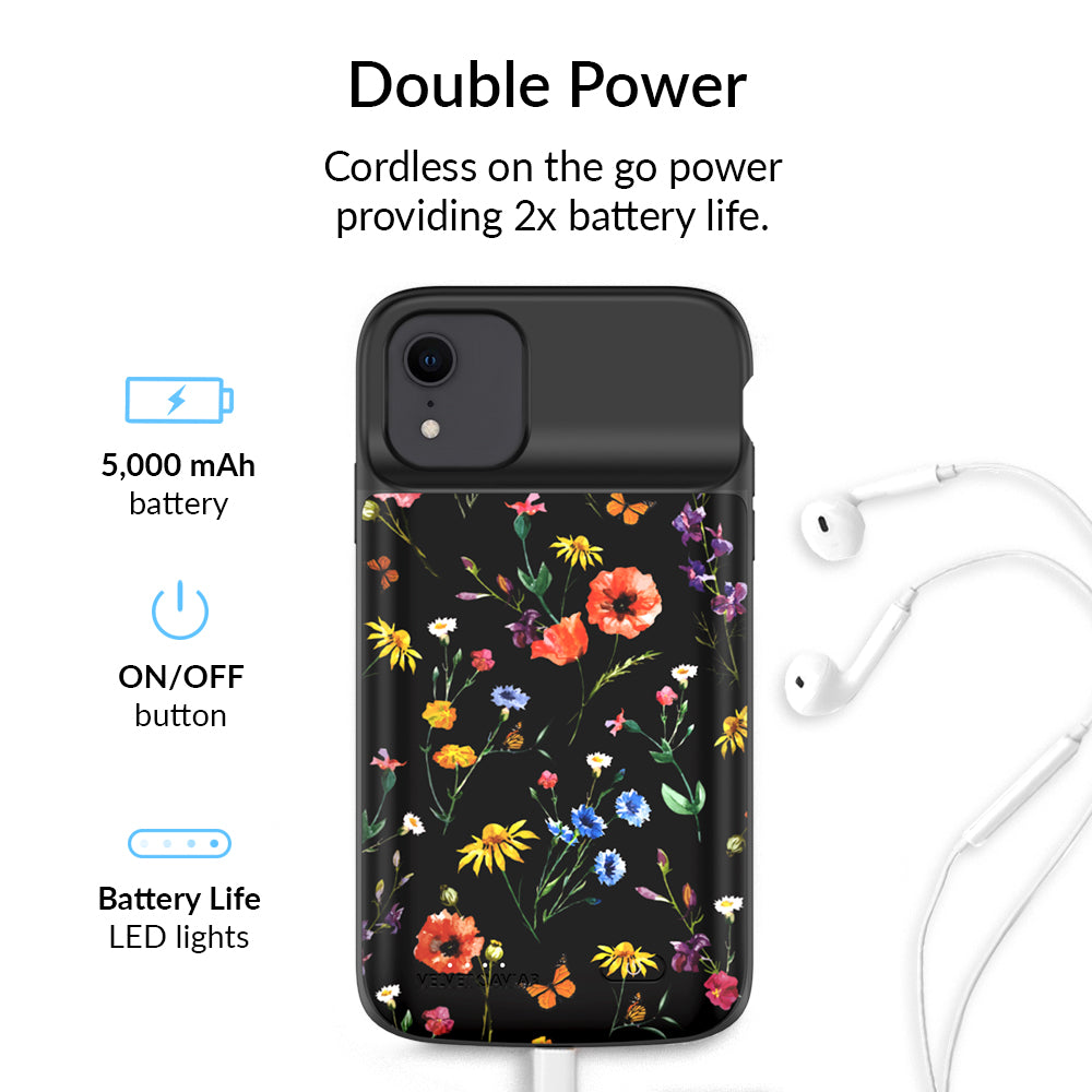 Black Wildflower iPhone Charging Case - Portable Battery Charger for iPhone 11/12/13/14/15 Pro Max - Perfect for Travel, Work & Outdoor Adventures