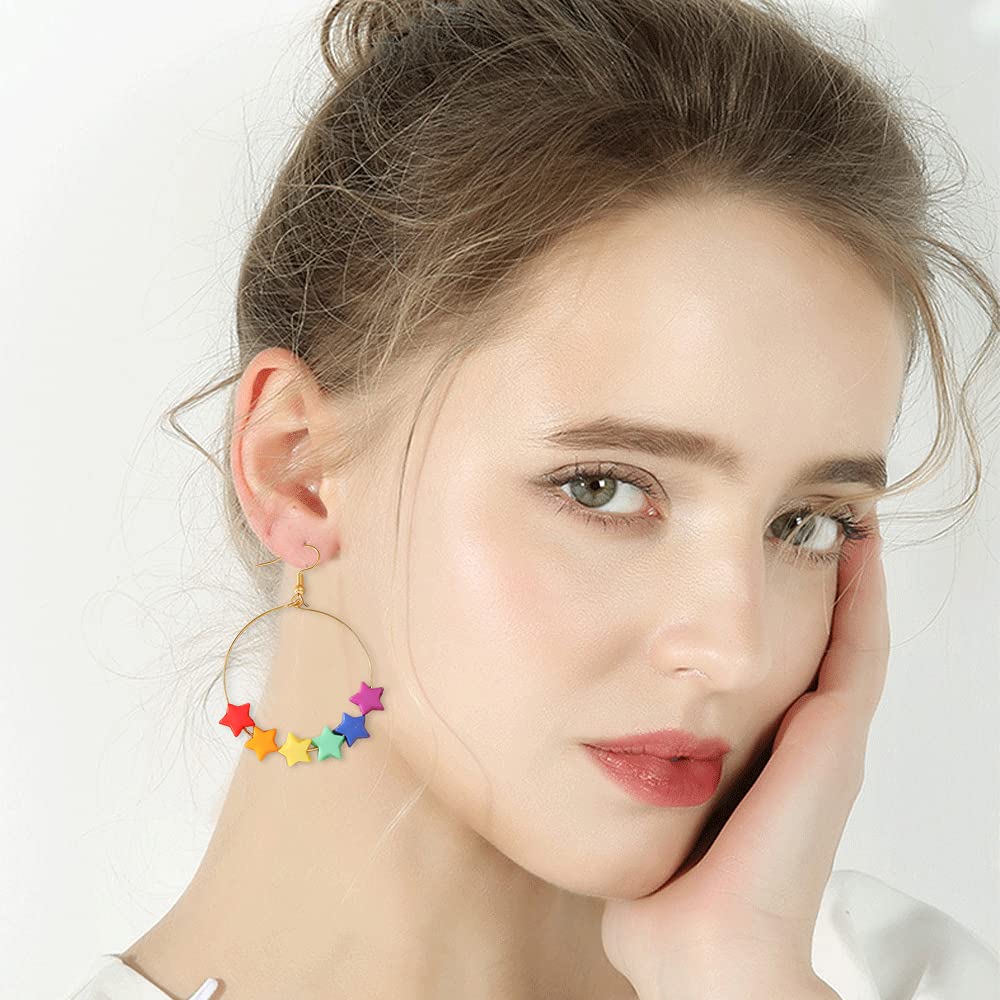 Unique Cute Resin Dangle Drop Earrings - Funny Cartoon Rainbow Color Star Acrylic Tassel Earrings for Women & Girls | Trendy Jewelry Gift for Parties, Date Night & Everyday Wear