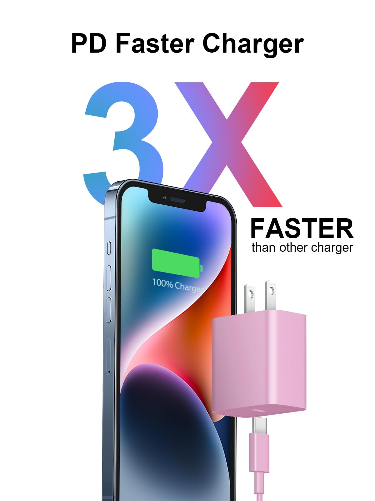 20W PD Fast Charger with 6FT USB-C Cable - Compatible with iPhone 14/13/12/11/X, iPad Pro/Air/Mini - Pink Wall Charger for Quick Charging at Home, Office & Travel