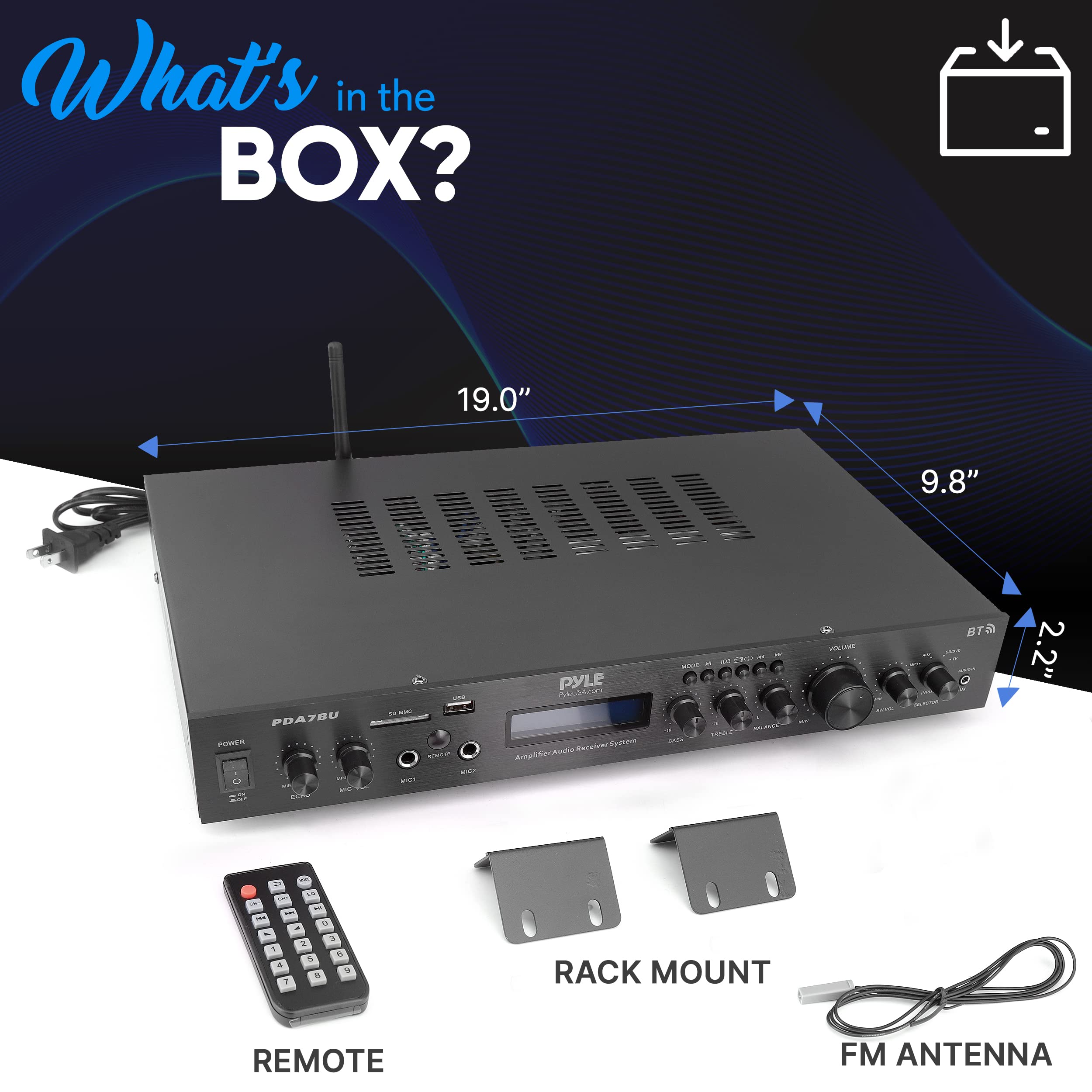 Pyle 5 Channel Rack Mount Bluetooth Amplifier Receiver - 200W Home Theater Amp with Wireless Streaming, MP3/USB/SD/AUX/FM Radio & Digital LCD Display | Perfect for Home Audio Systems, DJ Setups & Professional Studio Use - Model PDA7BU.5
