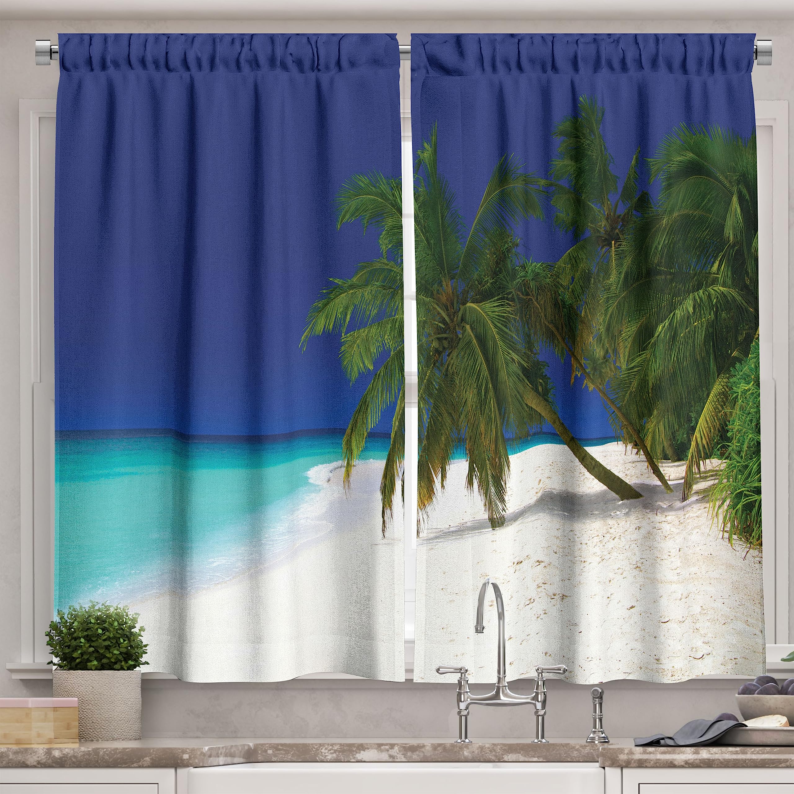 Ambesonne Ocean Themed Long Kitchen Curtains - Tropical Island Coastal Print Drapes with Rod Pocket, Navy Blue & White, 55
