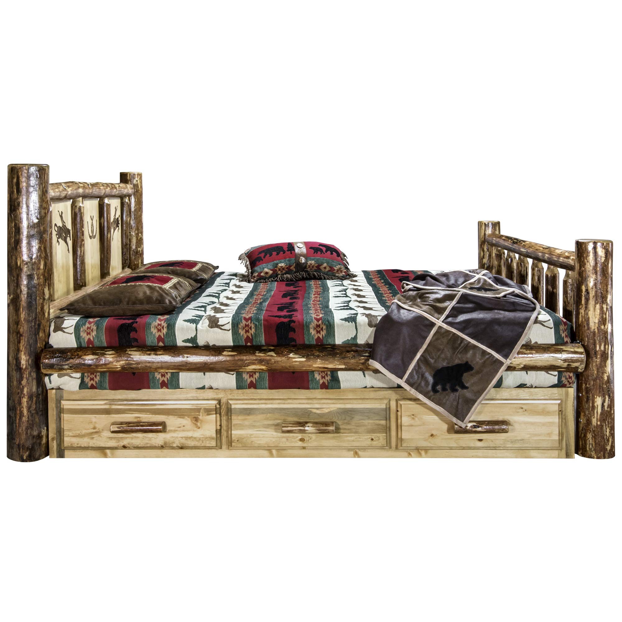 Montana Woodworks Twin Storage Bed with Laser Engraved Bronc Design - Rustic Wooden Platform Bed Frame with Underbed Drawers - Perfect for Kids Rooms, Guest Bedrooms & Small Space Storage Solutions