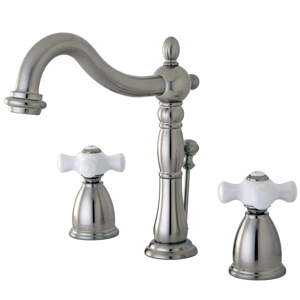 Kingston Brass KB1978PX Heritage 8-Inch Widespread Bathroom Faucet with Porcelain Cross Handle - Brushed Nickel Finish - Adjustable Center for Vanity Sink - Perfect for Modern and Traditional Bathroom Decor