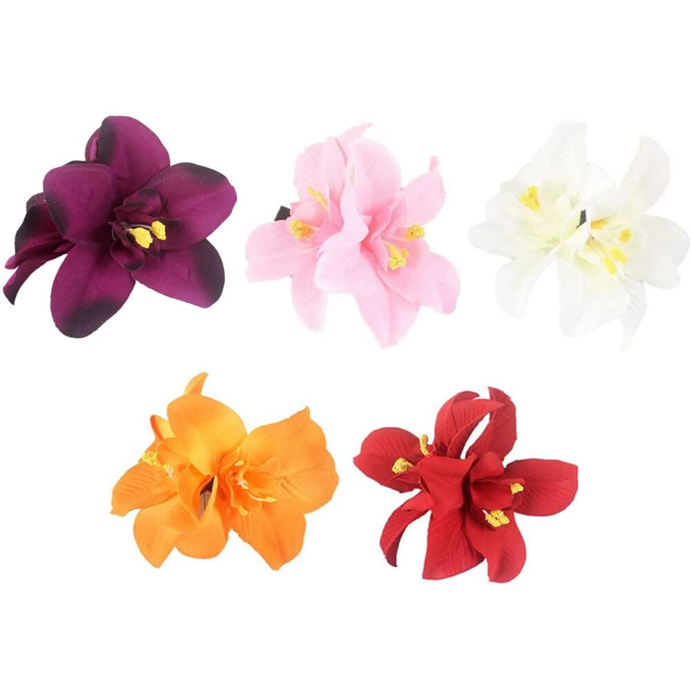 5PCS Butterfly Orchid Hair Clips - Double Hawaiian Flower Hair Accessories for Women, Party, Beach, Wedding & Tropical Fancy Dress (Perfect for Summer Vacations, Bridal Showers & Luau Themed Events)