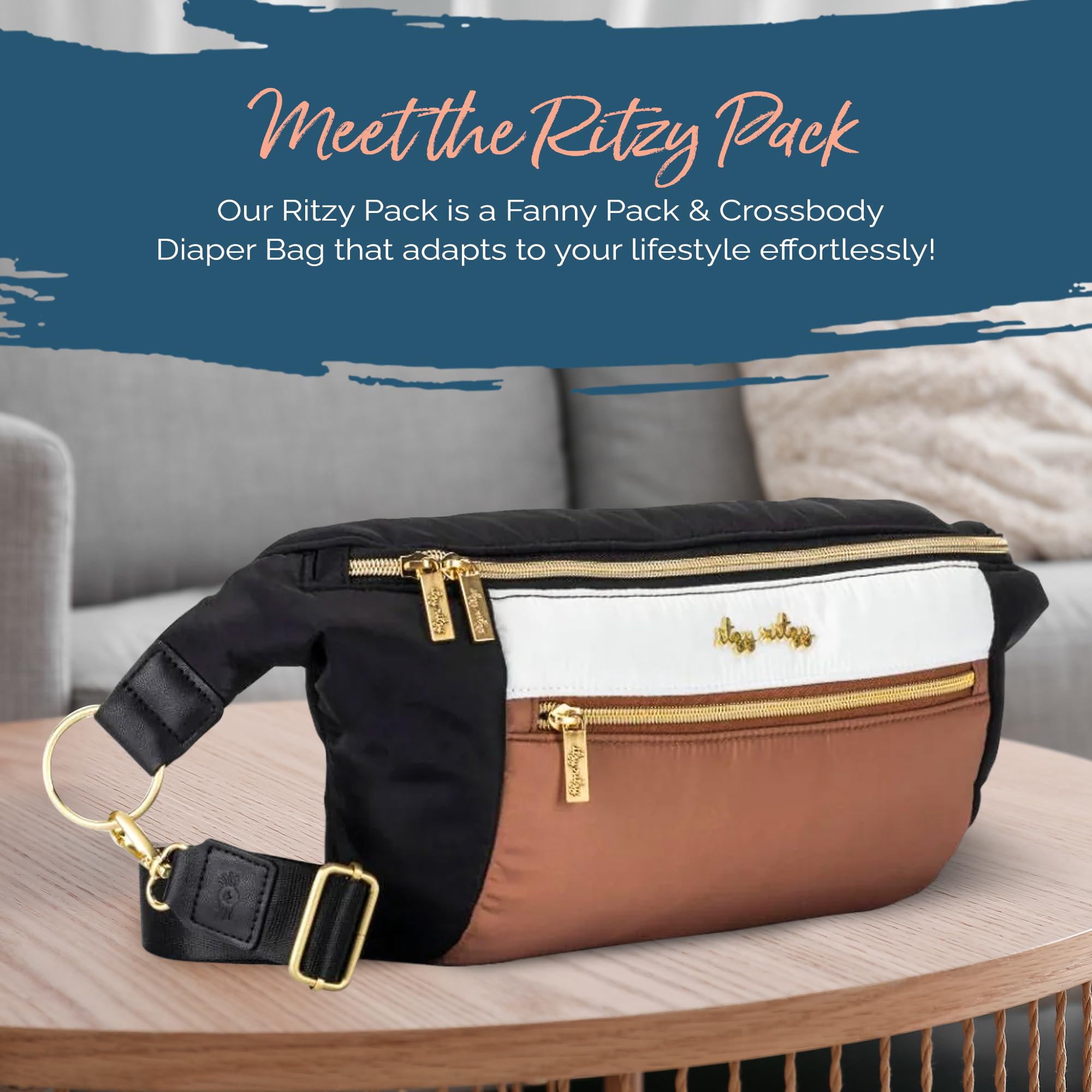 Itzy Ritzy Multi-Use Lightweight Fanny Pack & Crossbody Diaper Bag with 6 Pockets & Adjustable Strap - Wear as Belt Bag, Shoulder Bag or Crossbody Purse (Coffee & Cream) - Perfect for Moms, Travel, Hiking & Daily Errands
