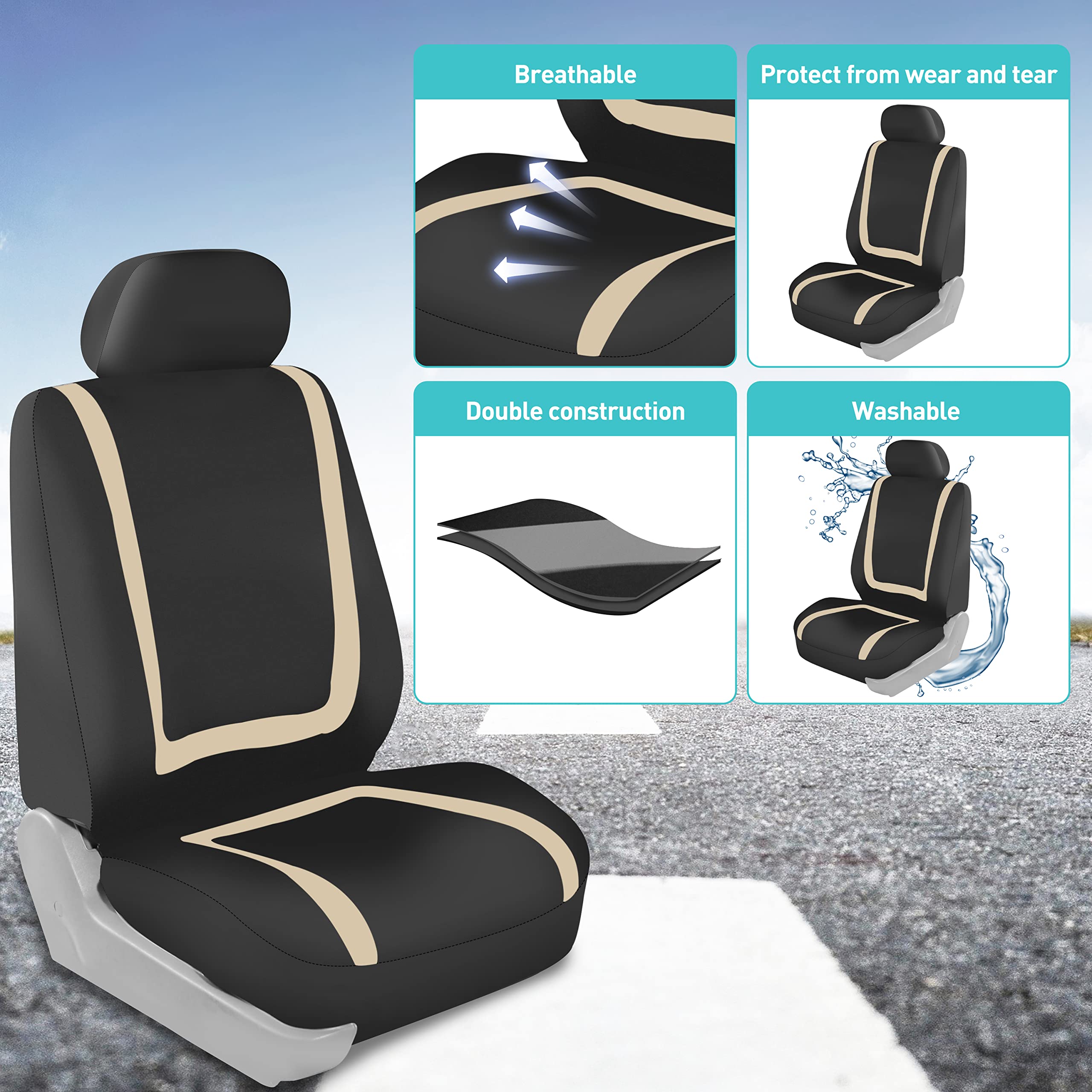 Premium FH Group Car Seat Covers - Universal Fit Flat Cloth Full Set (Front & Rear Bench) in Beige & Black | Durable Automotive Interior Accessories for Cars, Trucks & SUVs | Perfect for Daily Commute, Road Trips & Family Protection
