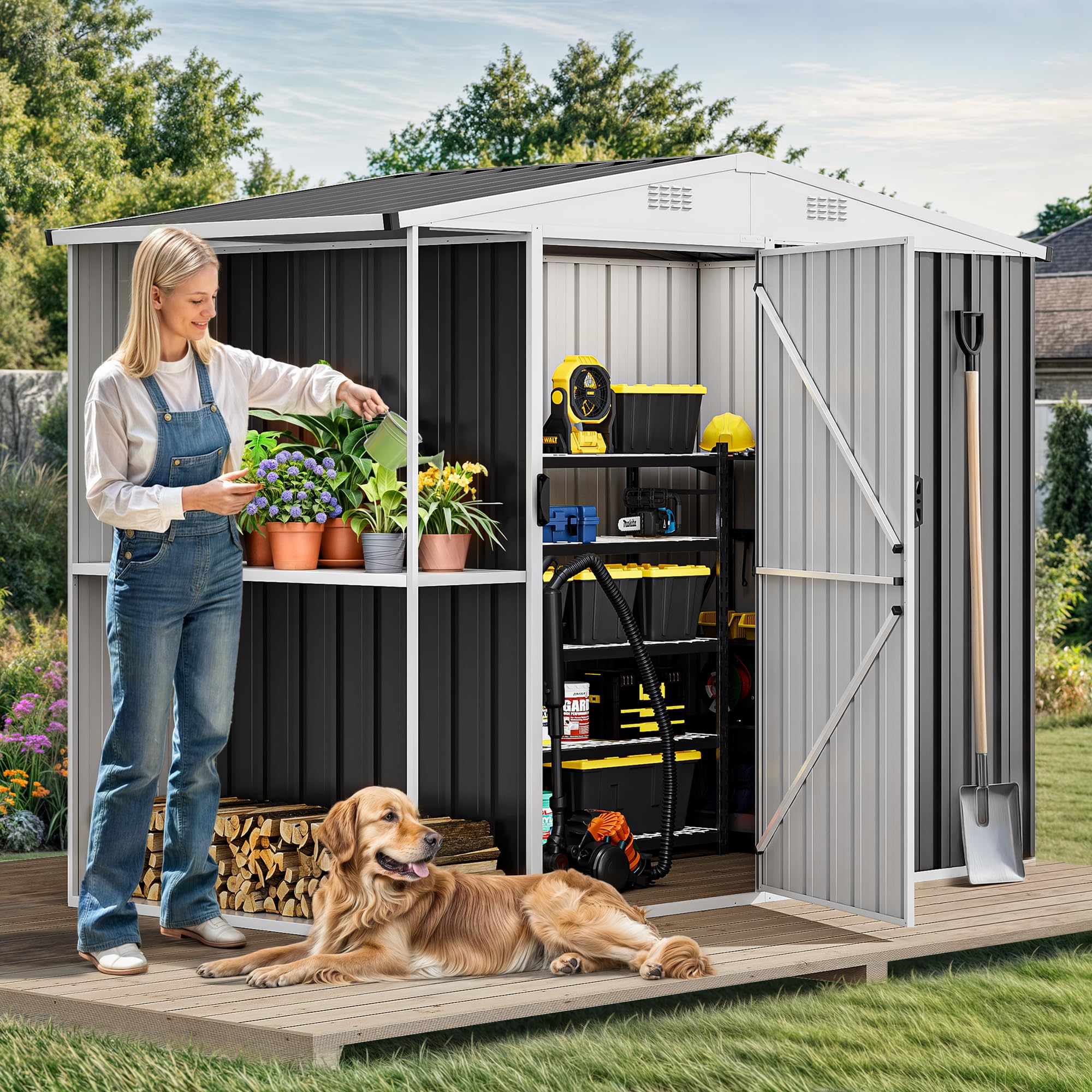 DWVO 8x4FT Outdoor Metal Storage Shed with Rack & Shelves - Heavy Duty Garden Shed for Bike, Tool & Lawn Equipment Storage - Perfect for Backyard, Patio & Garage Organization (Black)