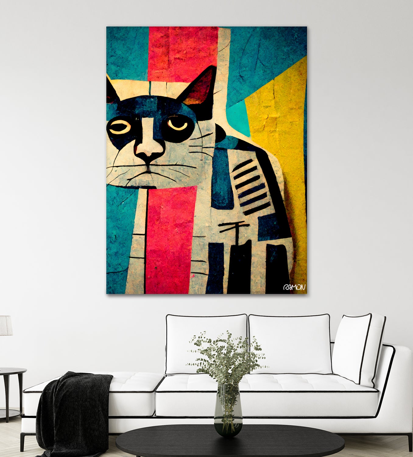 Abstract Art Cat Wall Decor - Modern Handmade Canvas Painting for Home & Office - Perfect for Living Room, Bedroom, and Gift Giving