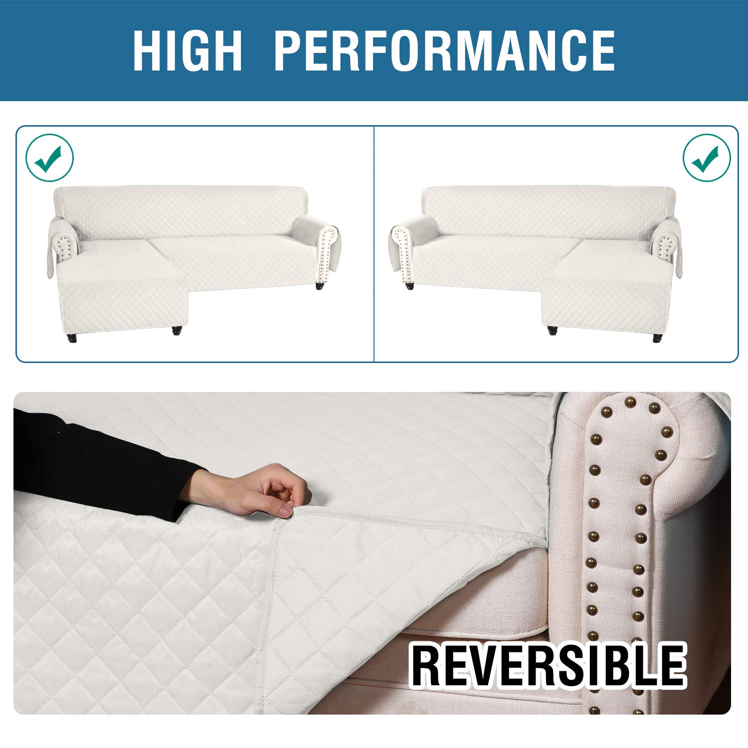 Reversible L-Shaped Sofa Slipcover - Stretchable Sectional Couch Cover with Chaise Lounge Protector | Corner Sofa Cover for Pets & Furniture Protection (White, Large) | Perfect for Living Room, Family Room & Pet-Friendly Homes