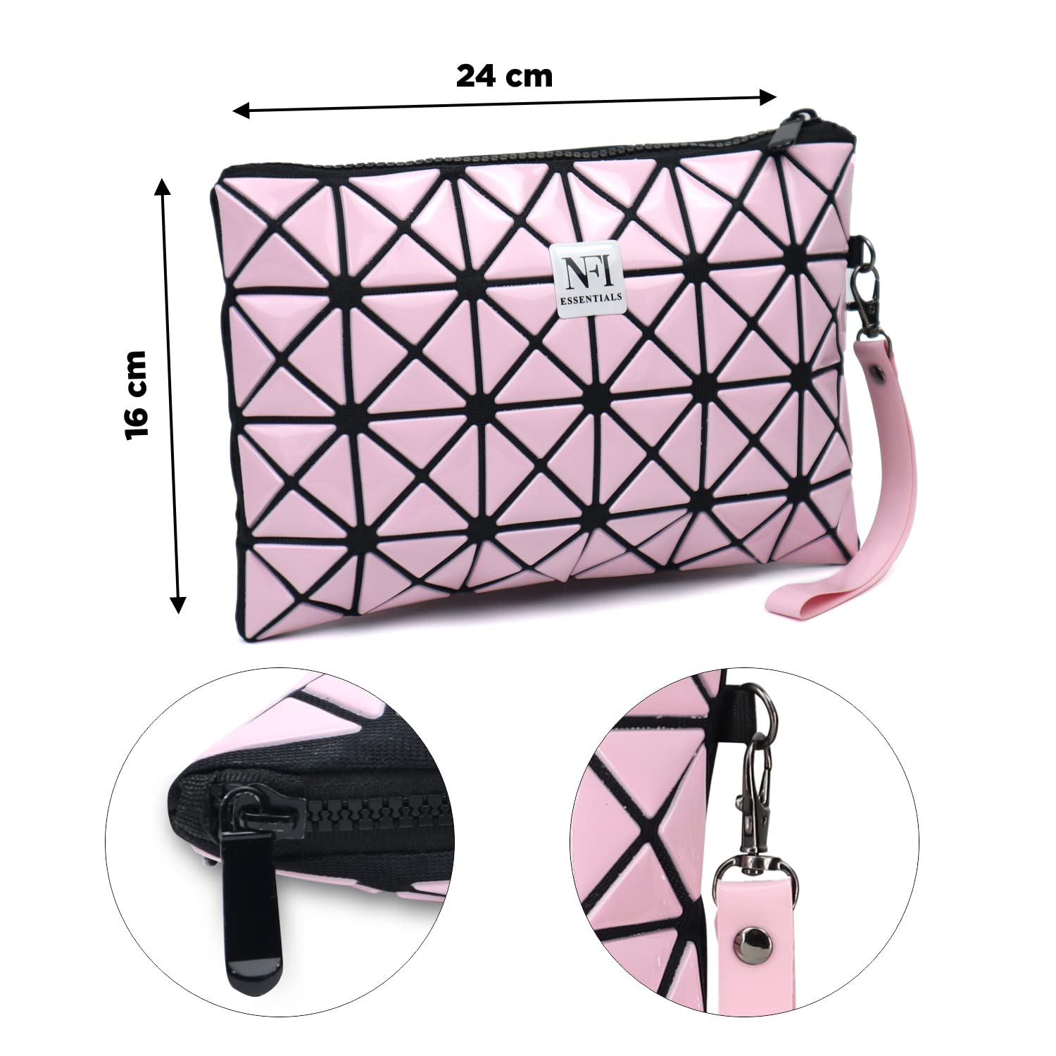 Stylish Geometric Makeup Pouch for Women - Travel Cosmetic Organizer Bag with Vanity Case for Girls (17cm, Pink & Black) - Perfect for Travel, Daily Use & Gift Giving