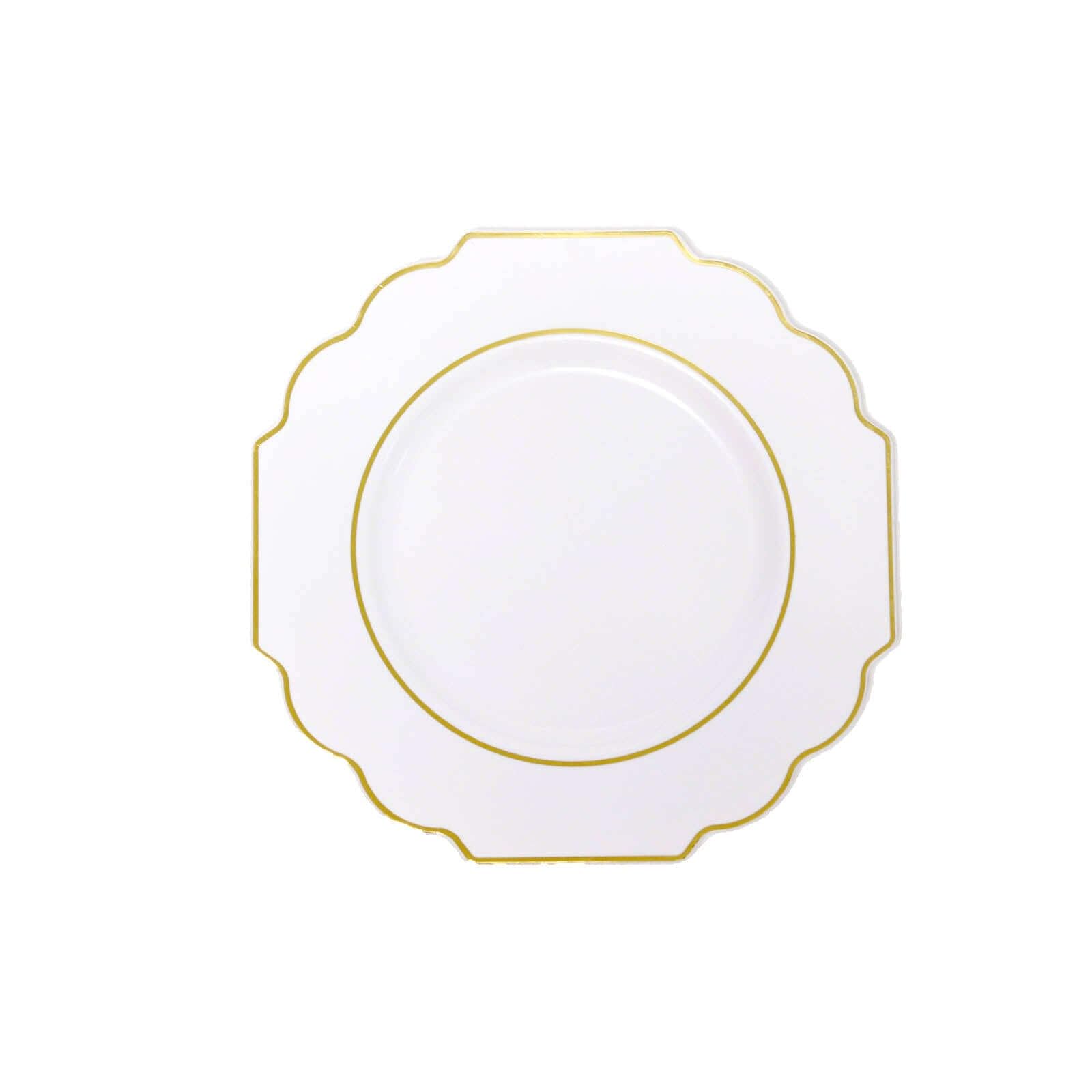 Efavormart 10 Pack 8 Inch White Plastic Dessert Plates - Disposable Gold Rim Baroque Style Salad Plates for Parties, Weddings & Elegant Events