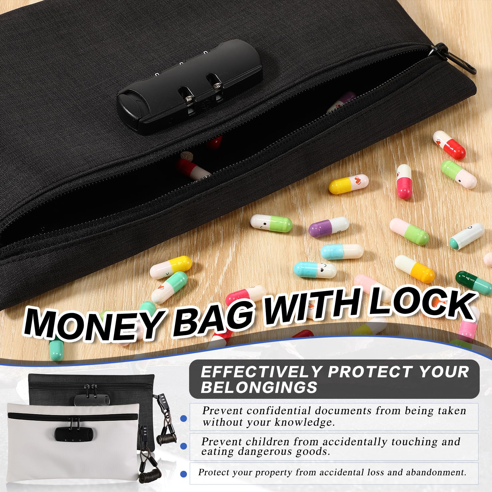 Sanwuta 2 Pack Lockable Money Bags with Key - 6.7 x 11 Inch Small Secure Cash Pouch for Beach, Travel & Events (Black & White) - Perfect for Vacation, Pool Parties & Outdoor Activities