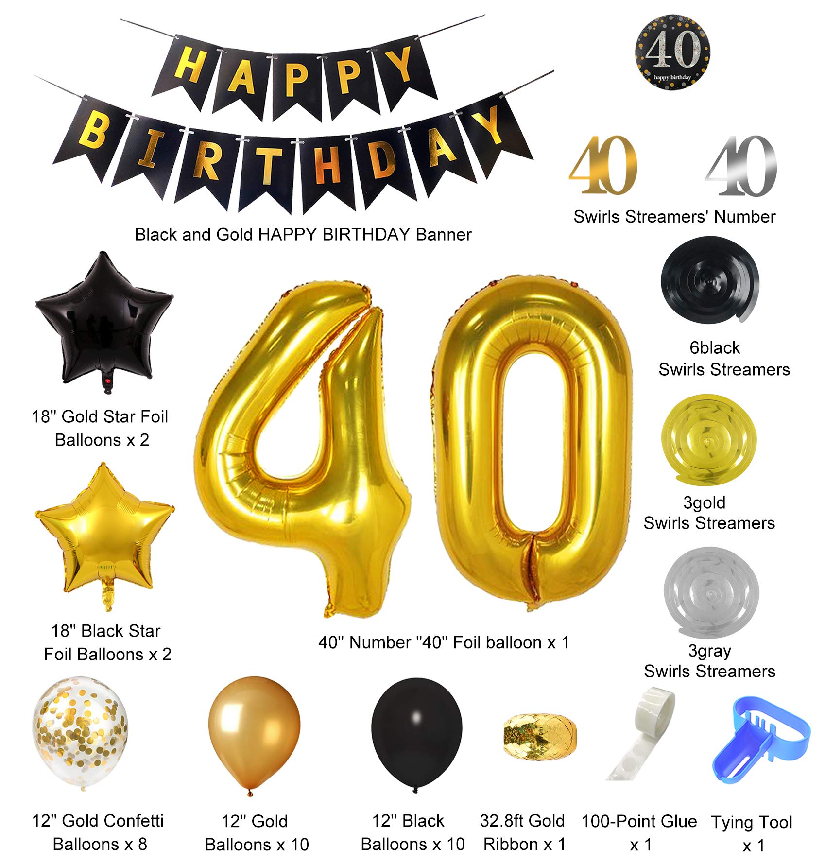 Black and Gold 40th Birthday Party Decorations Kit for Men & Women - Happy Birthday Banner, Balloons, Confetti & Swirls | Perfect for 40th Birthday Celebrations, Anniversaries & Milestone Parties