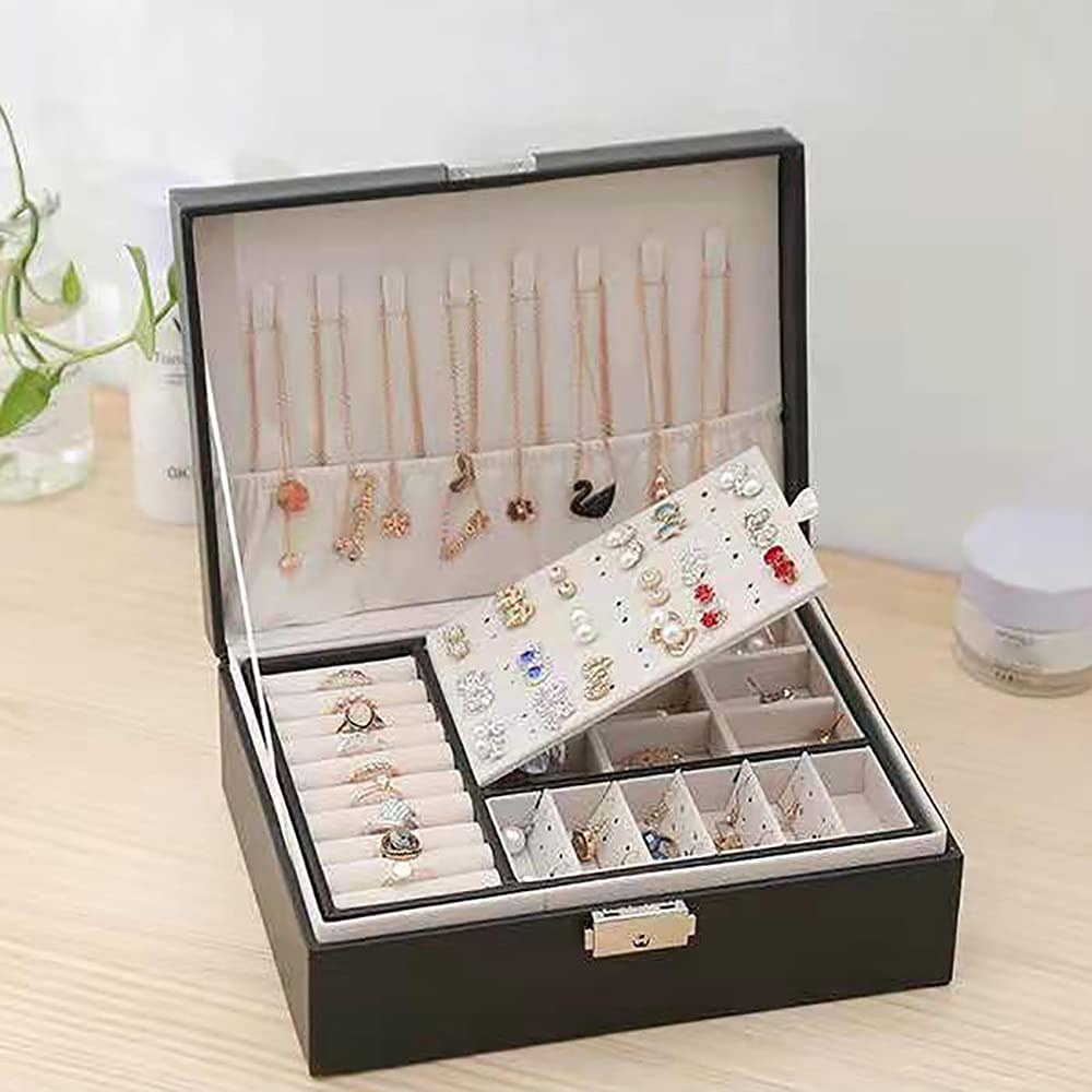MONIPA 2-Layer PU Leather Jewelry Box for Men, Women & Girls - Travel Jewelry Organizer Case with Storage for Rings, Earrings, Necklaces, Bracelets & Watches - Perfect Gift & Portable Display (Black) - Ideal for Travel, Home Organization & Gift Giving