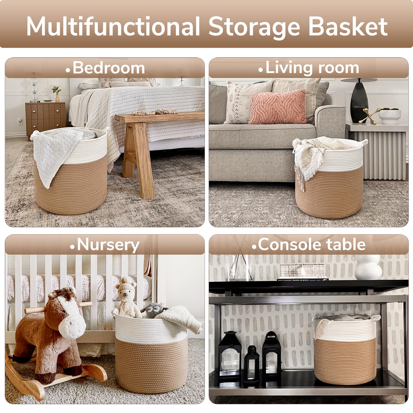Goodpick Woven Storage Basket - 15 x 14.2 Inch Small Laundry Hamper for Clothes, Toys & Blankets | Natural Wicker Rope Basket for Bedroom, Nursery & Bathroom Organization | Durable Brown Home Decor Storage Solution