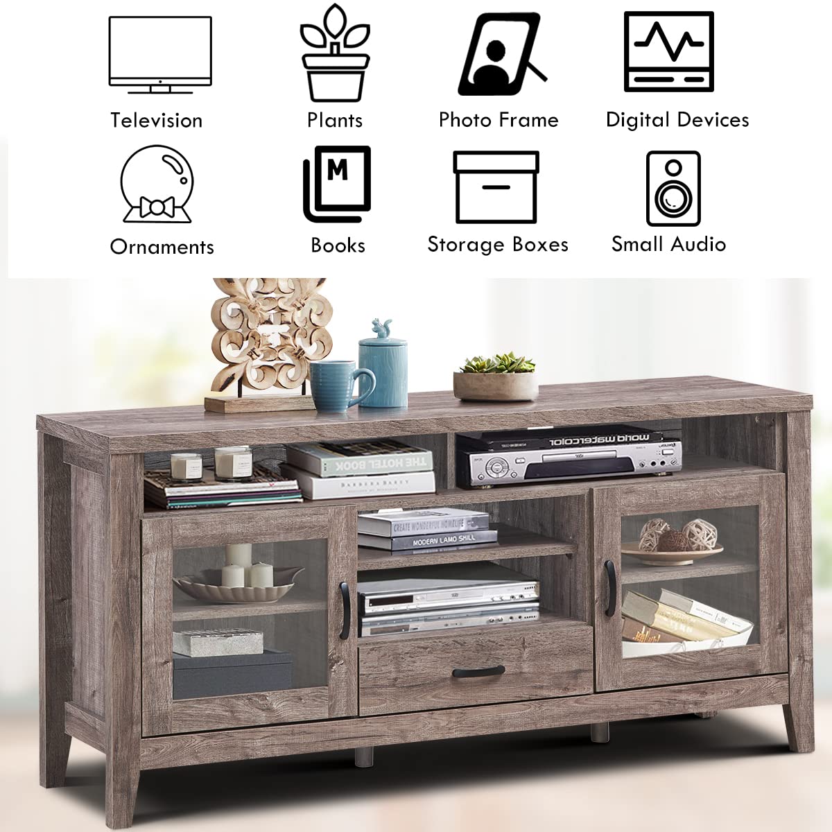 LUARANE 65 Inch TV Stand with Storage - Modern Entertainment Center for Living Room, 4 Open Shelves, 2 Glass Door Cabinets & 1 Drawer, Sturdy 6-Leg Design for TVs up to 65