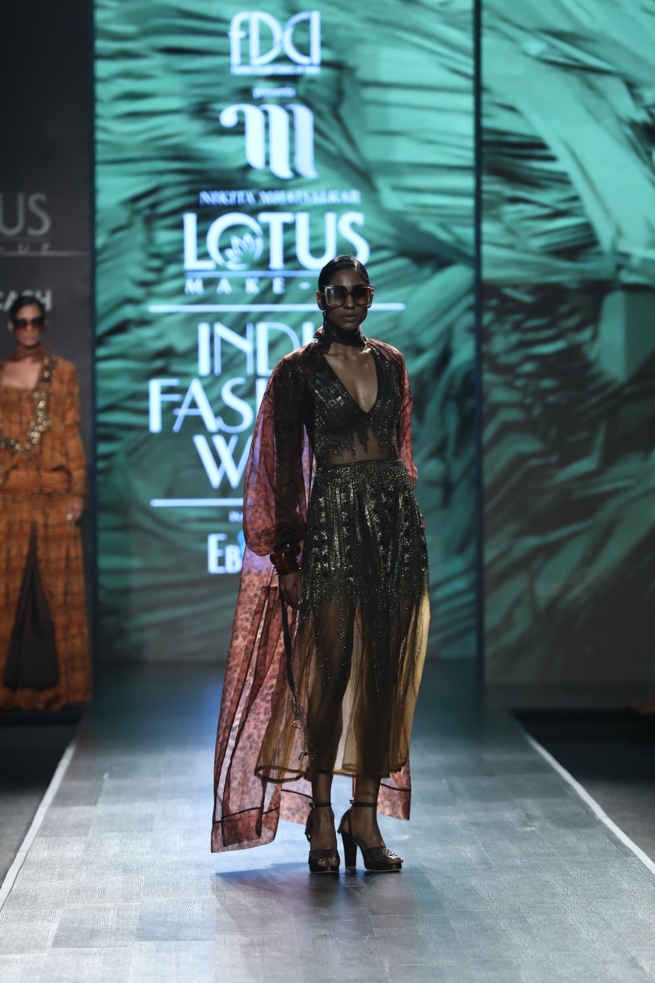 Elegant Chocolate Brown & Gold Embellished Dress with Stone Print Trench Coat - Perfect for Evening Parties & Special Occasions