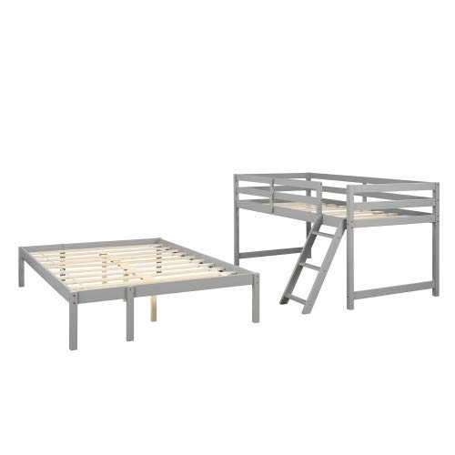 Solid Wood Twin Over Full Bunk Bed with Ladder & Guardrail - Convertible to Separate Twin/Full Size Beds - No Box Spring Needed (Gray) - Perfect for Kids' Bedrooms, Guest Rooms & Space-Saving Solutions