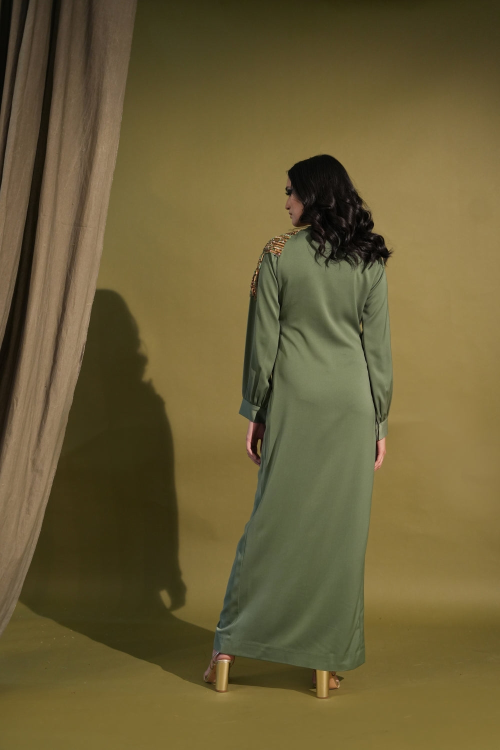 Elegant Dark Jade Green Slit Dress with Metallic Gold Embellishments - Perfect for Evening Parties, Cocktail Events & Special Occasions