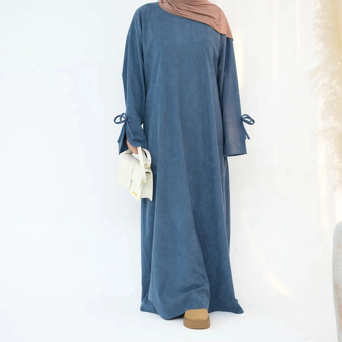 Elegant Bowknot Cuff Corduroy Abaya Dress for Women - Winter & Fall Long Sleeve Maxi Dress with Pockets (#24925) | Perfect for Holiday Parties, Mosque Prayer & Casual Outings