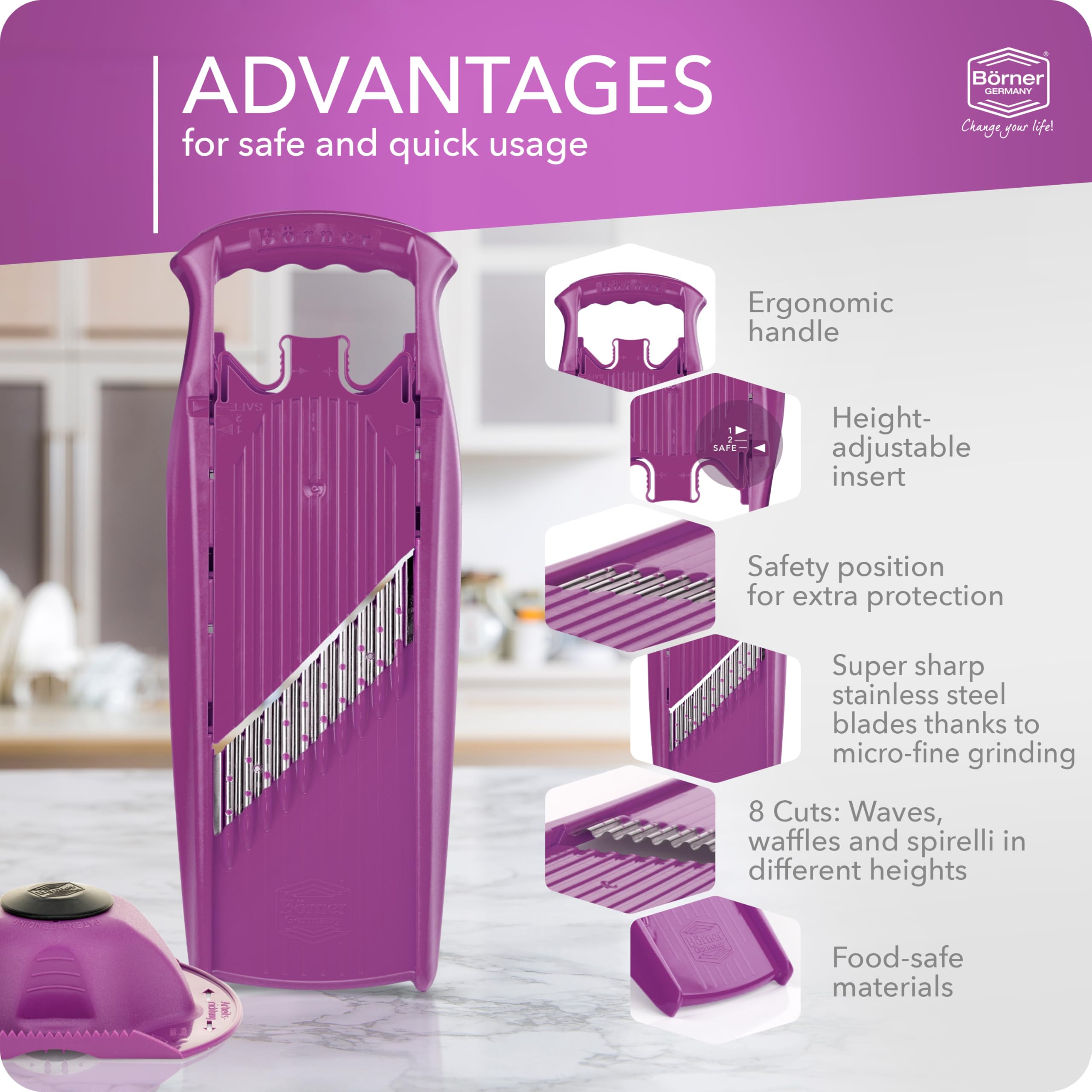 Börner Wave-Waffle PowerLine Crinkle Cutter with Safety Guard - 2-Piece Vegetable Slicer Set for Perfect Wave & Waffle Cuts - Ideal for Lattice Potatoes, Fries & Creative Food Presentation - Purple Kitchen Tool for Home Chefs & Meal Prep