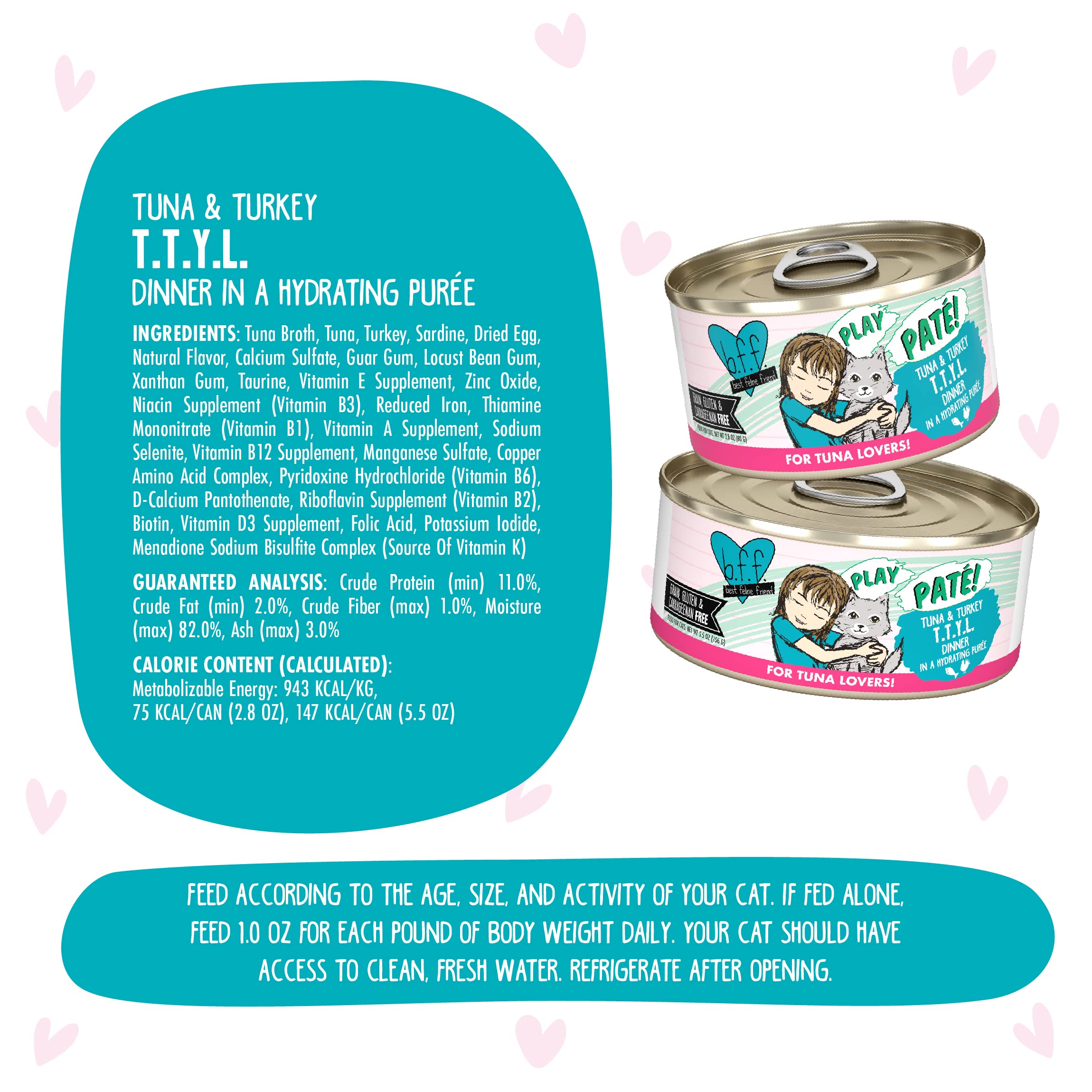 Weruva B.F.F. Play Best Feline Friend Pate Cat Food - Tuna & Turkey Recipe, 5.5oz Can (Pack of 8) - Grain-Free Wet Cat Food for Adult Cats - Perfect for Mealtime, Travel & Treats
