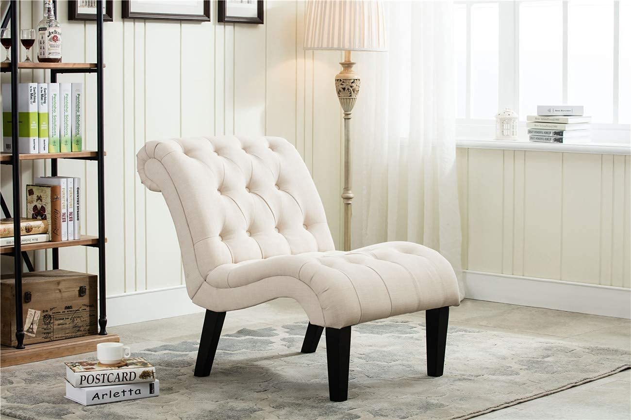 Yongqiang Tufted Upholstered Accent Chair with Wood Legs - Linen Fabric Lounge Chair for Bedroom, Living Room & Office - Perfect for Reading Nook, Cozy Corner or Guest Seating