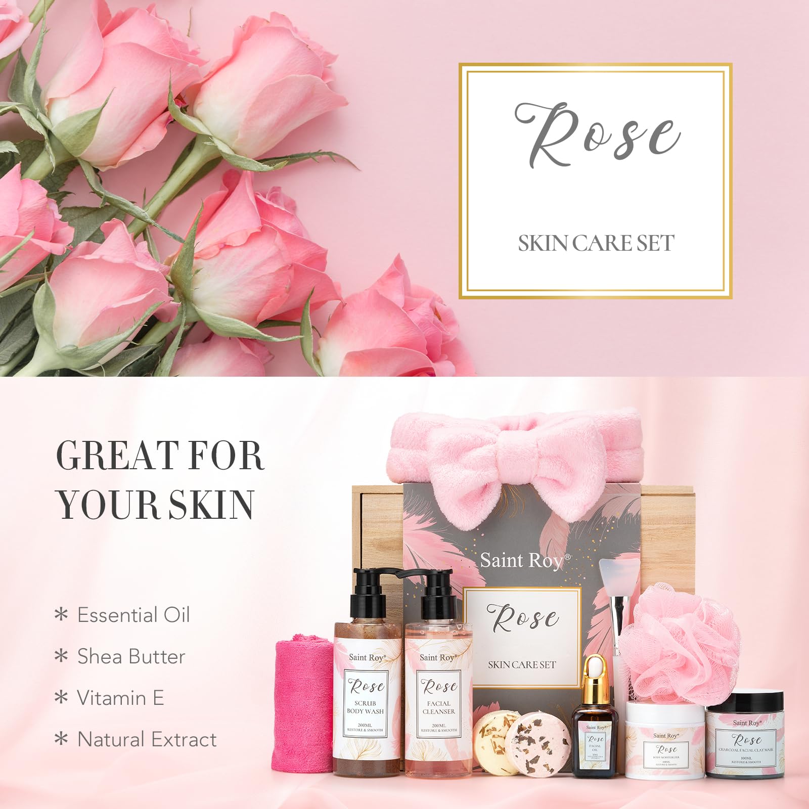 10-Piece Rose Scented Self Care Spa Gift Set for Women - Facial Cleanser, Body Scrub, Clay Mask & Essential Oil - Perfect Birthday & Mother's Day Gift Idea for Relaxation & Skincare
