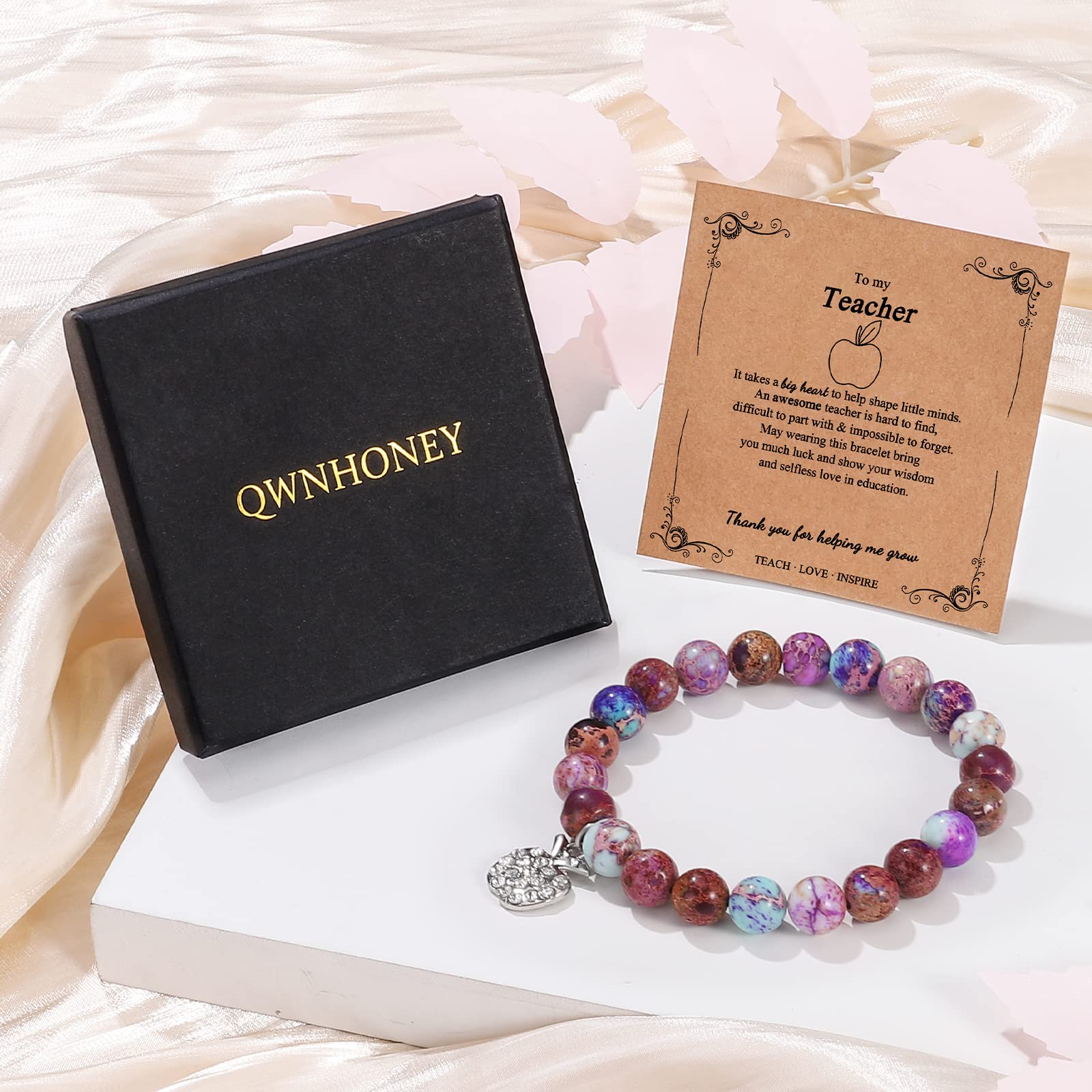 Teacher Bracelet Gift for Women - Natural Stone Jewelry with Apple Bee Charm for Graduation & Appreciation